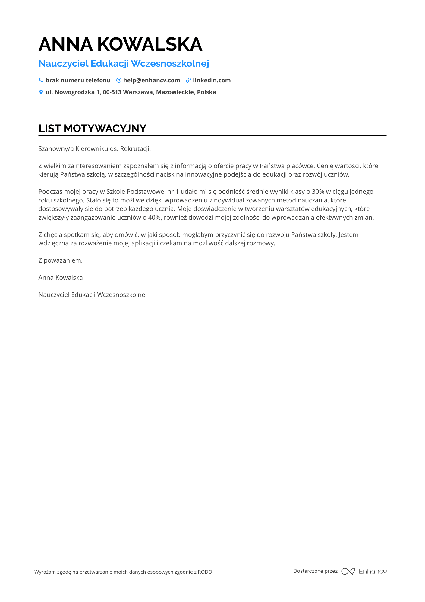 List motywacyjny dla Nauczyciel Edukacji Wczesnoszkolnej Korepetytor Resume Example