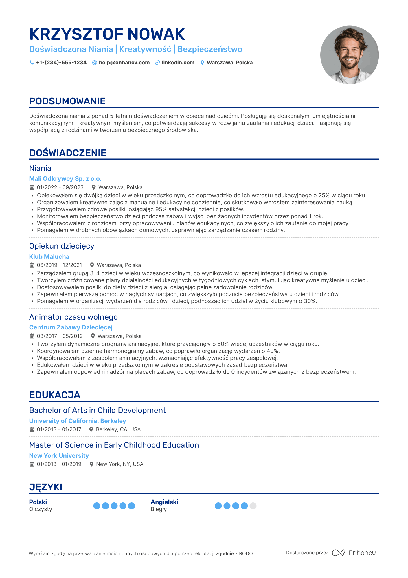 CV dla Niania z Doświadczeniem Resume Example