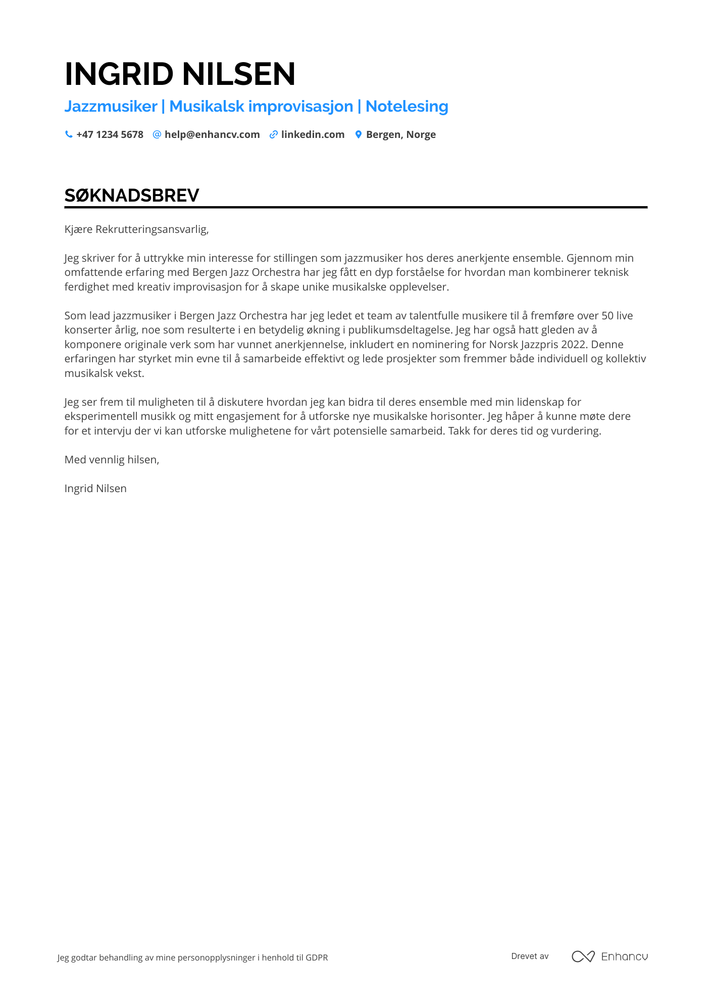 Søknadsbrev for Jazzmusiker Resume Example