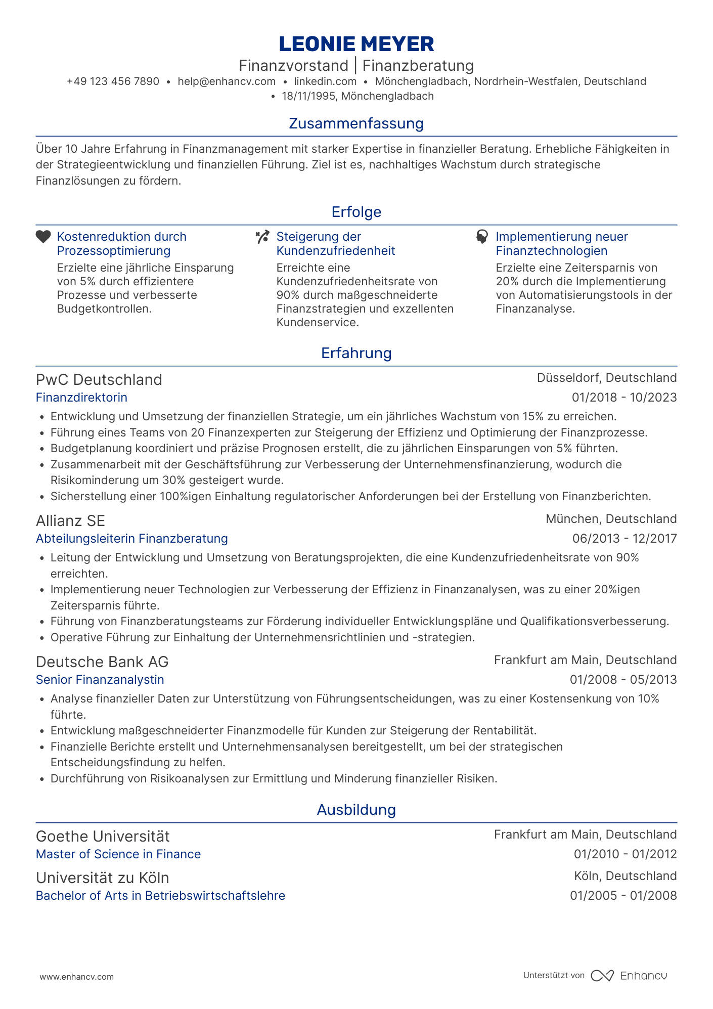 Lebenslauf als Finanzvorstand für Finanzberatung Resume Example