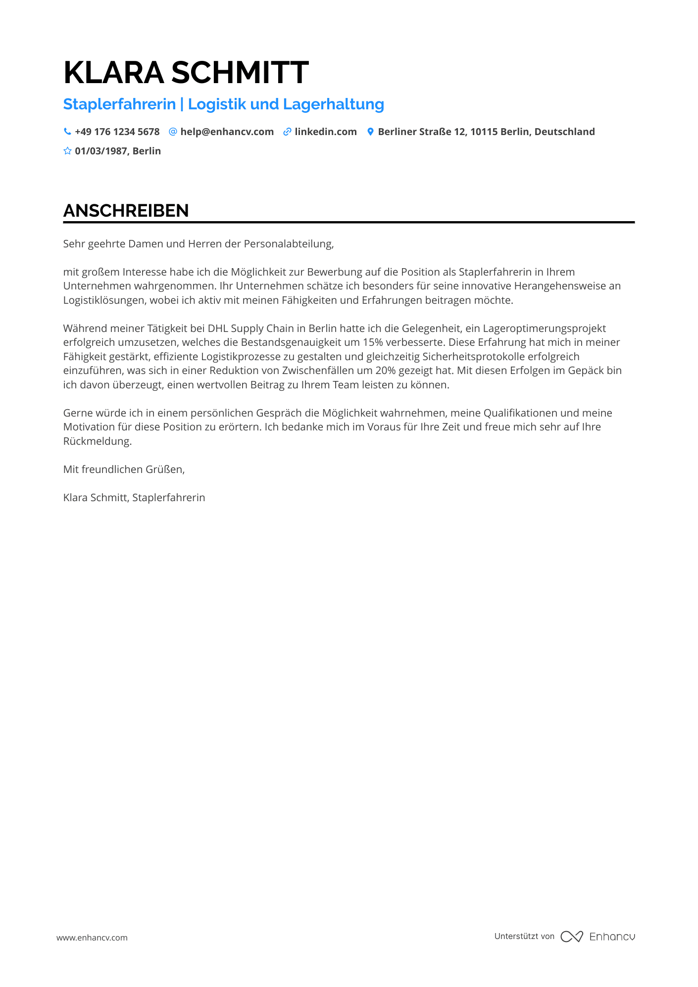 Staplerfahrer Resume Example