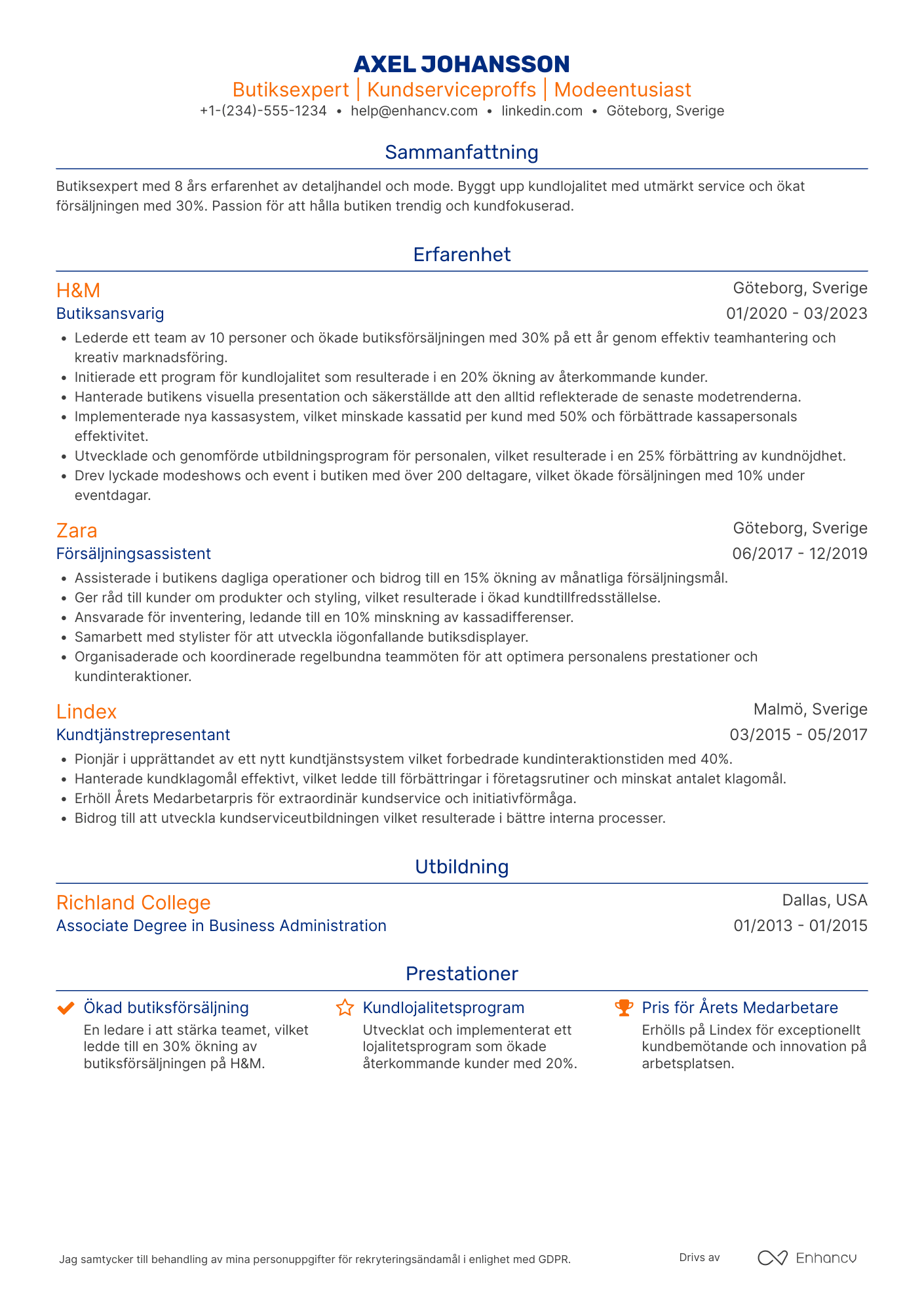 CV för Butiksbiträde Kläder Resume Example