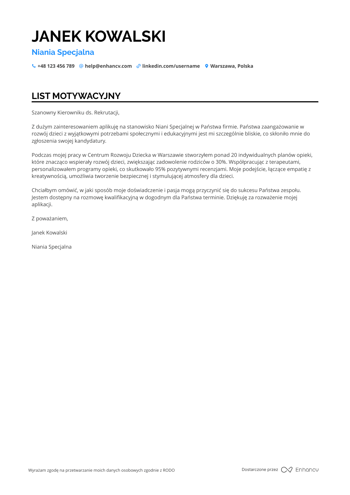 List motywacyjny dla Niania Specjalna Resume Example