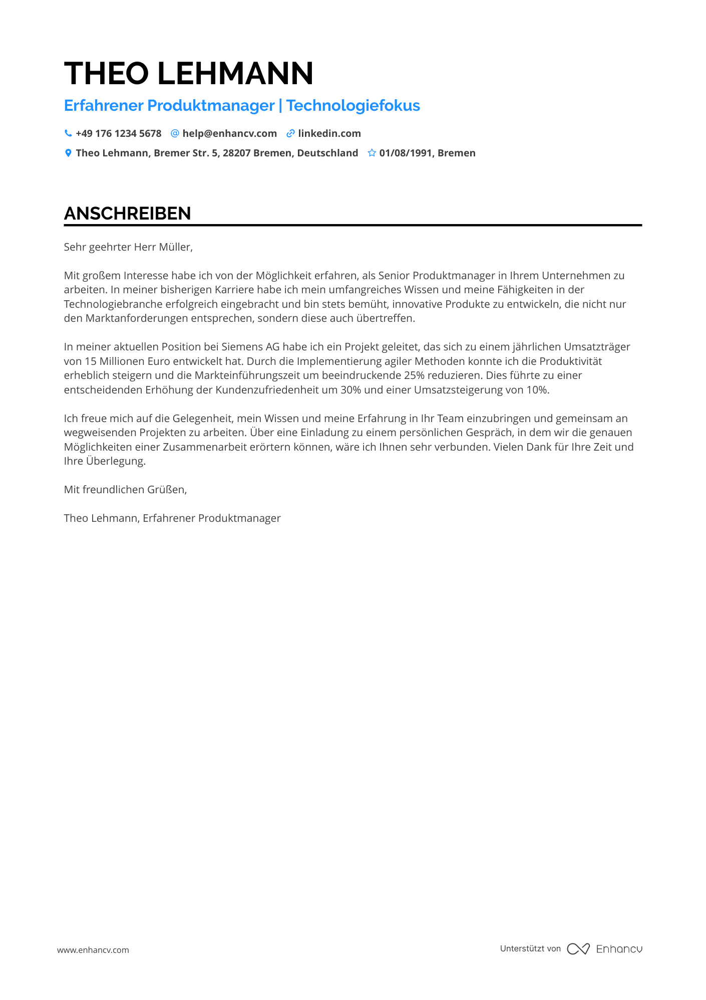 Erfahrener Produktmanager Resume Example