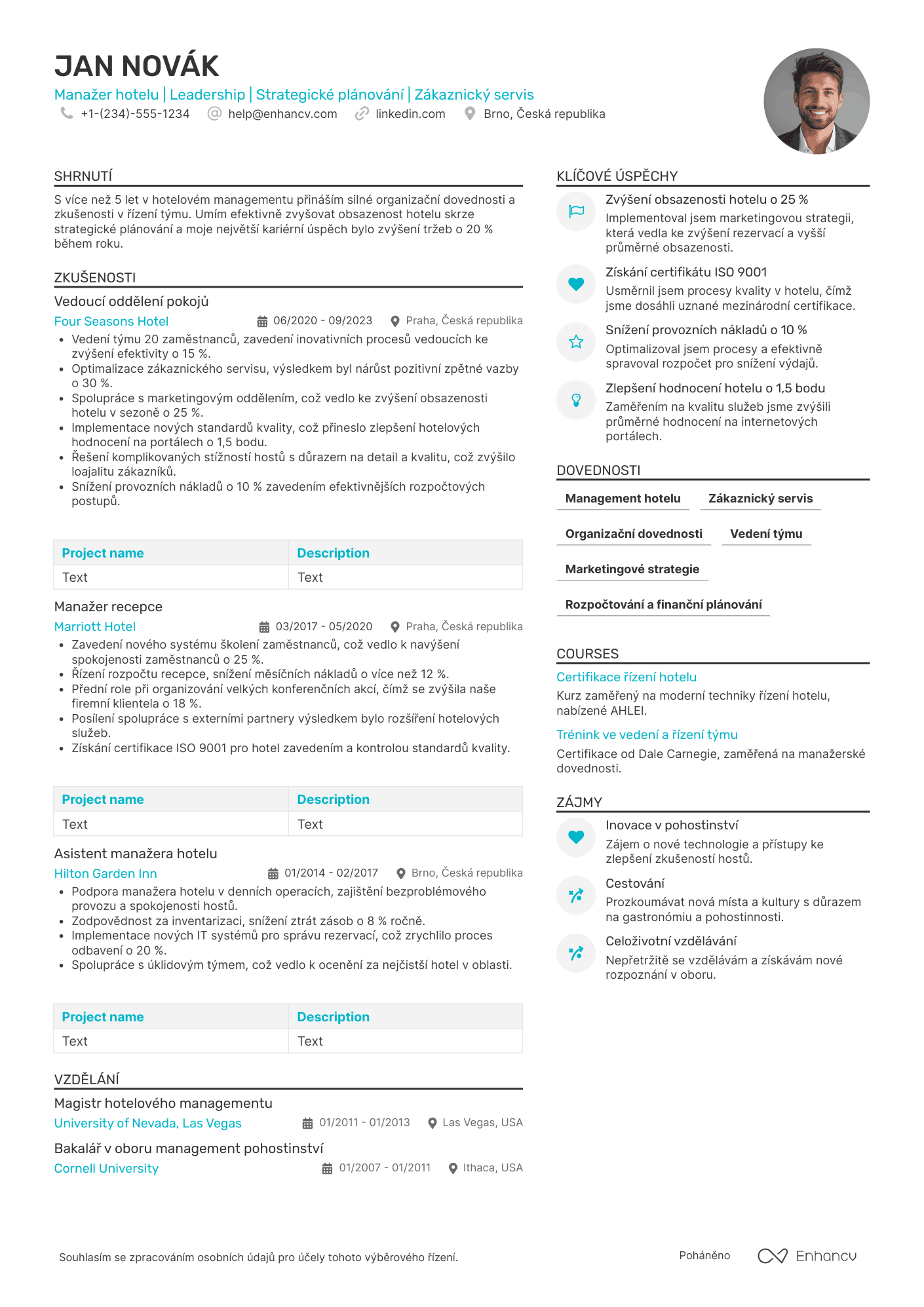 Životopis pro Manažer hotelu Resume Example