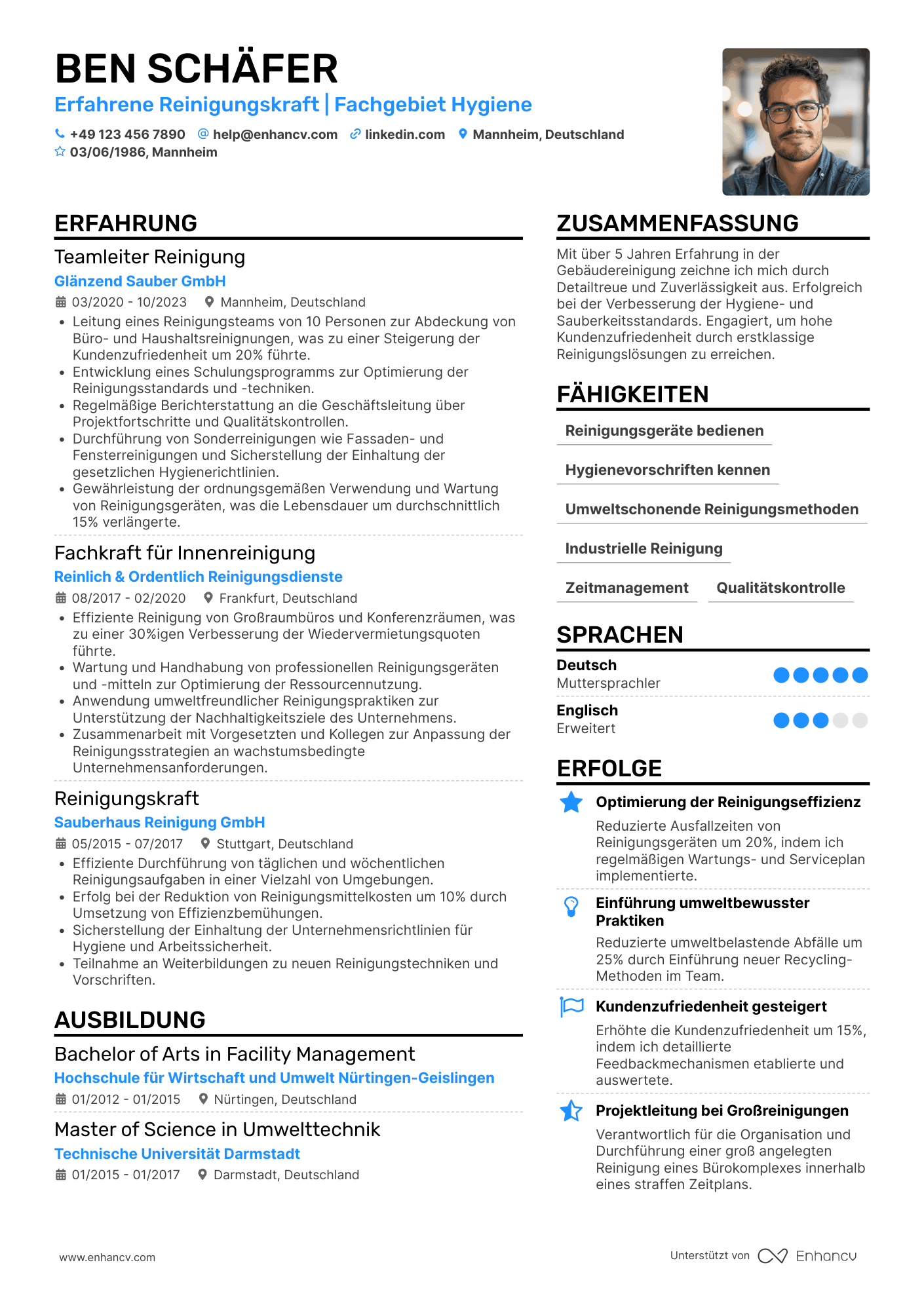 Lebenslauf als Erfahrene Reinigungskraft Resume Example