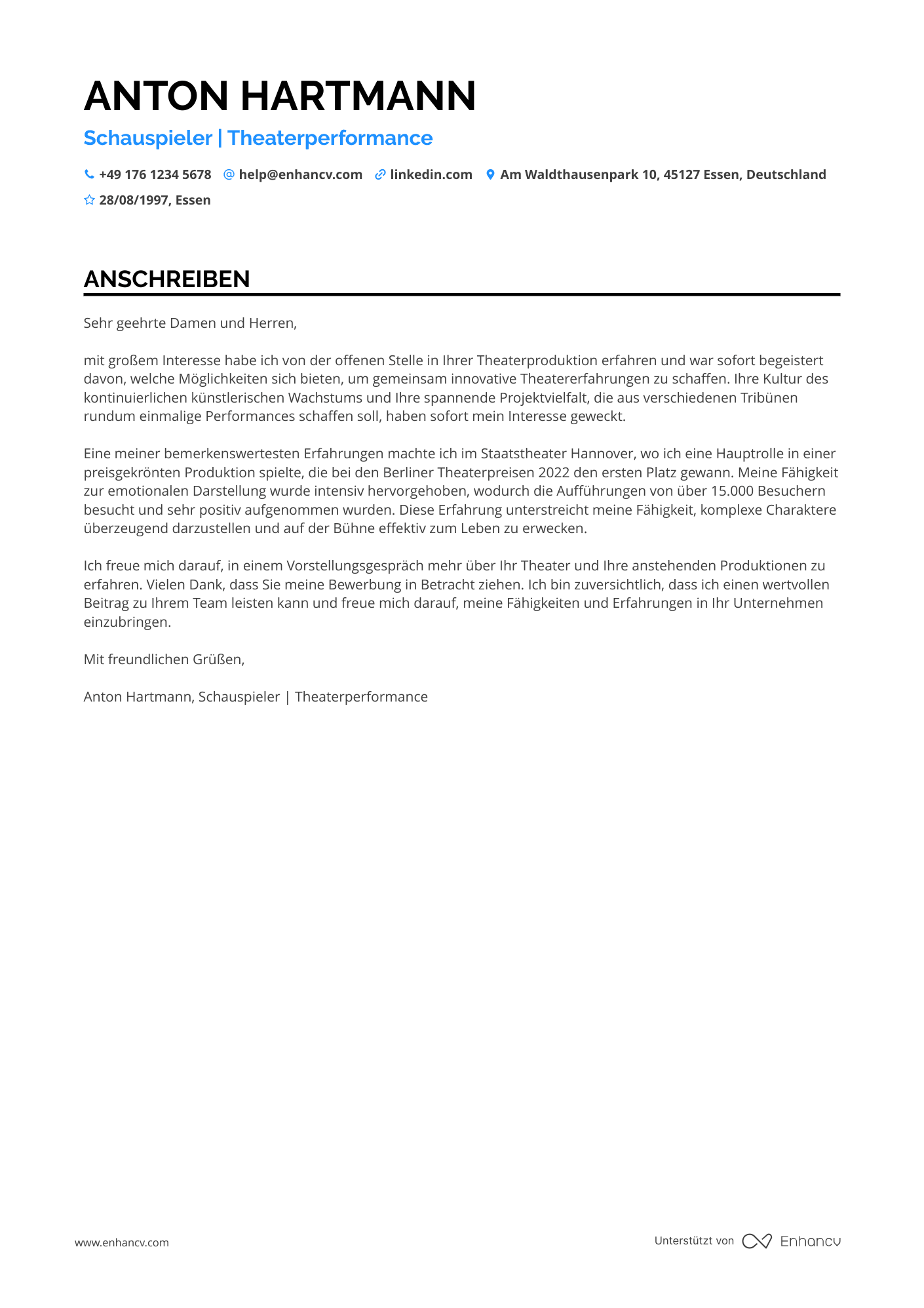 Theaterindustrie Schauspieler Resume Example