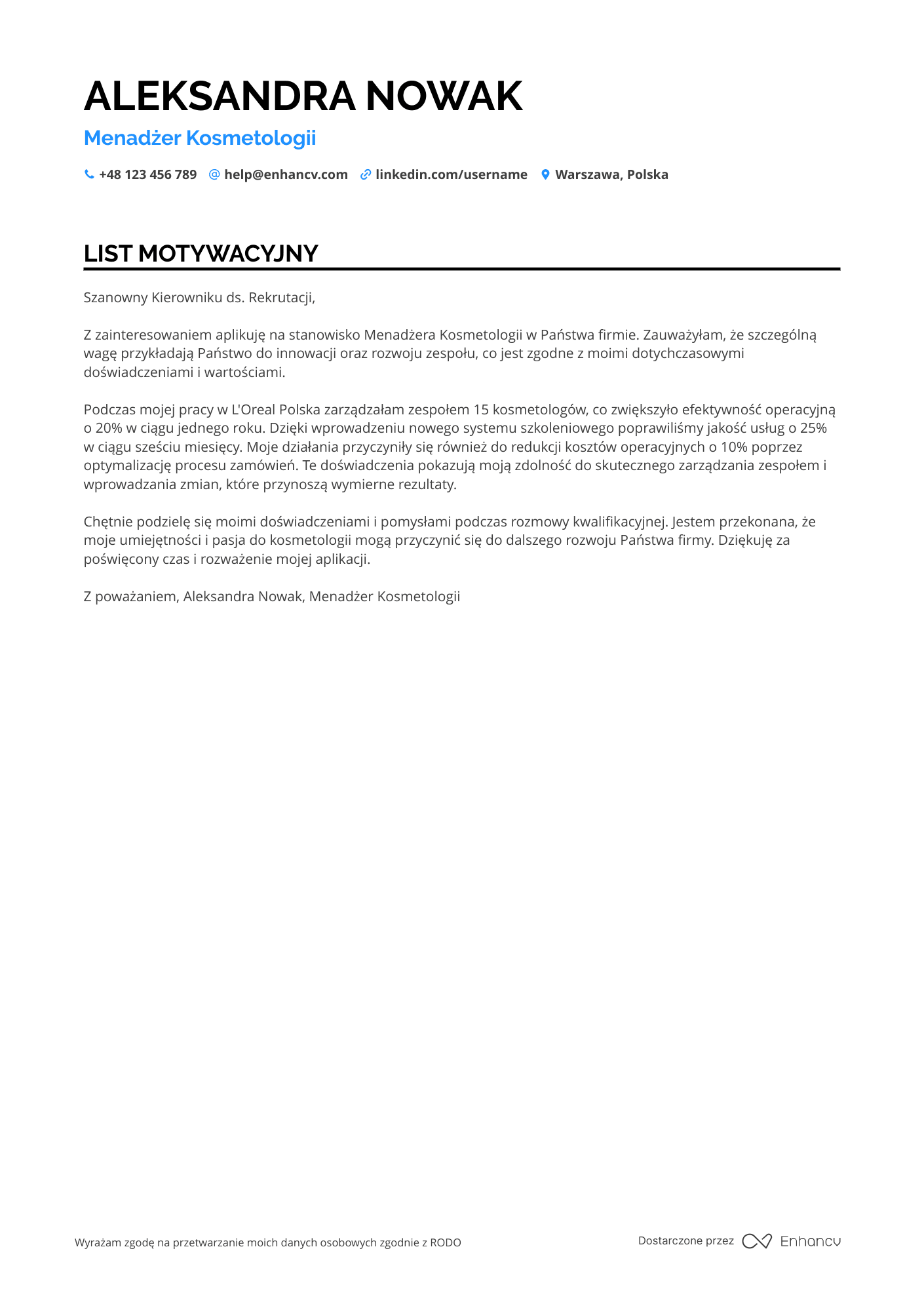 List motywacyjny dla Menadżer Kosmetologii Resume Example