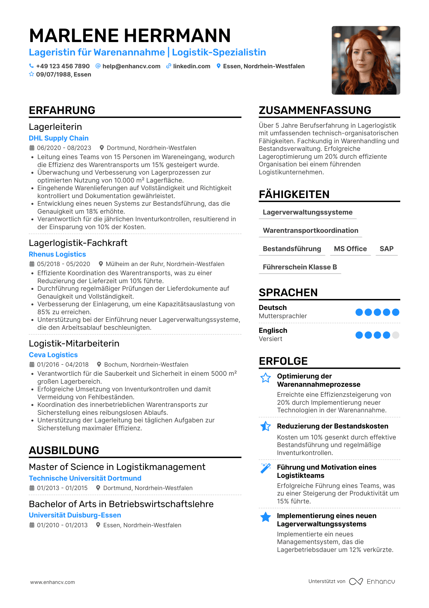 Lebenslauf als Lagerist für Warenannahme Resume Example
