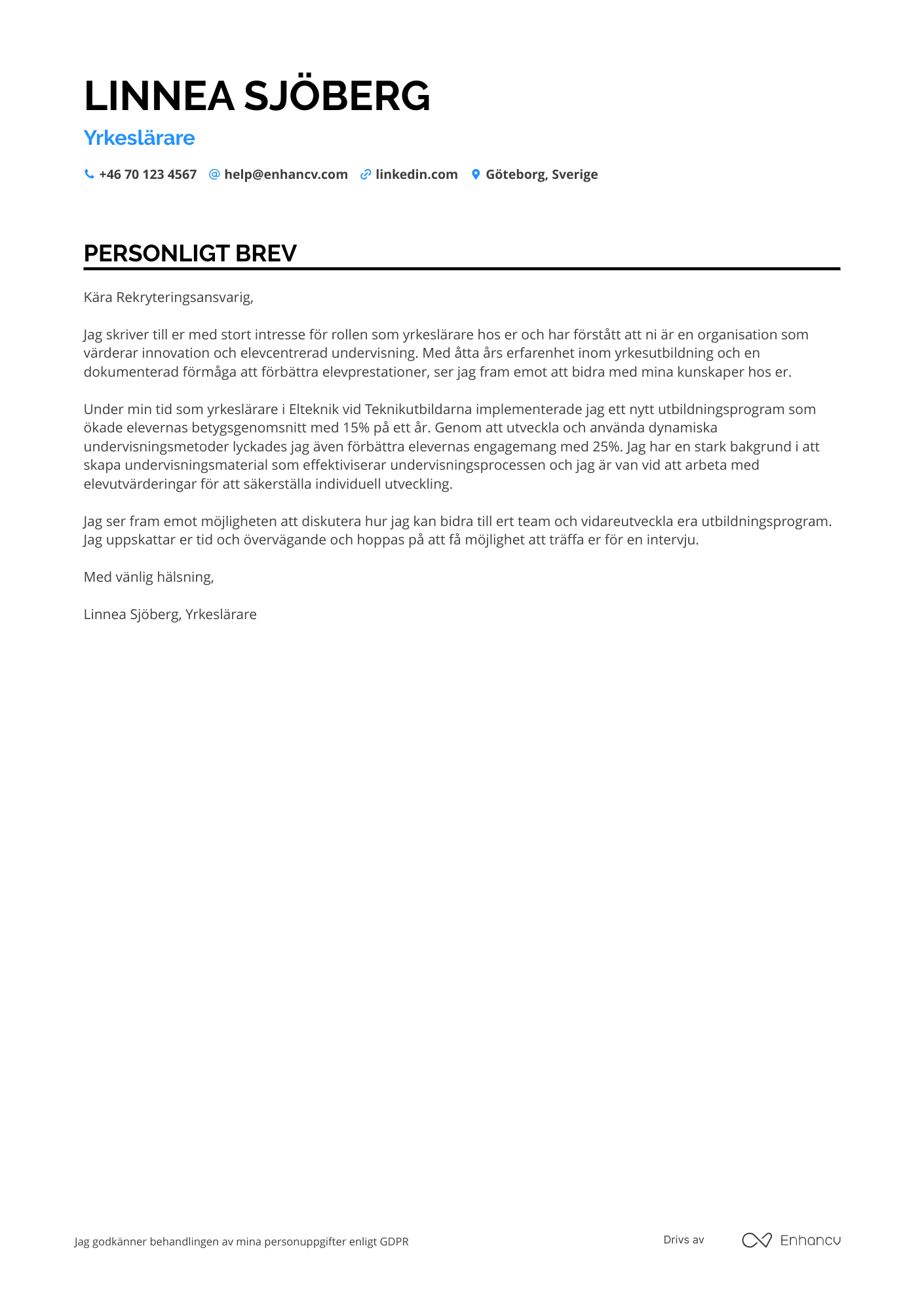 Personligt brev för Yrkeslärare Resume Example