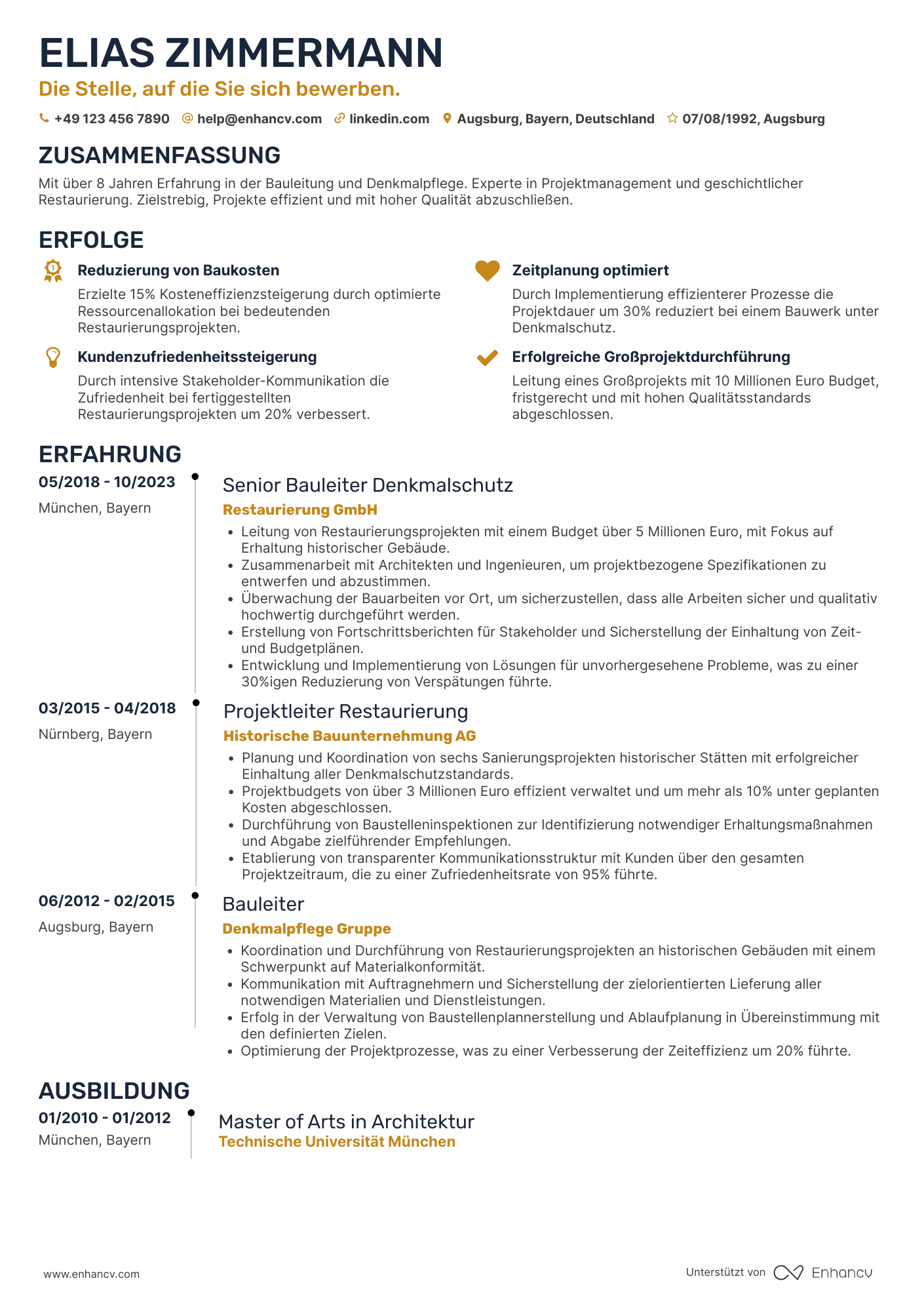 Lebenslauf als Bauleiter für Denkmalschutz Resume Example