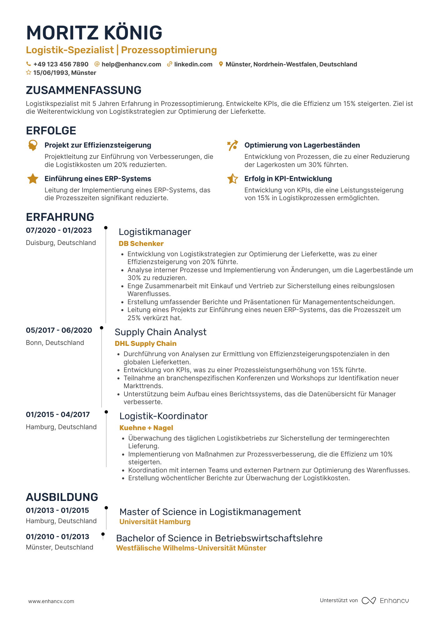 Lebenslauf als Akademiker in der Logistik Resume Example