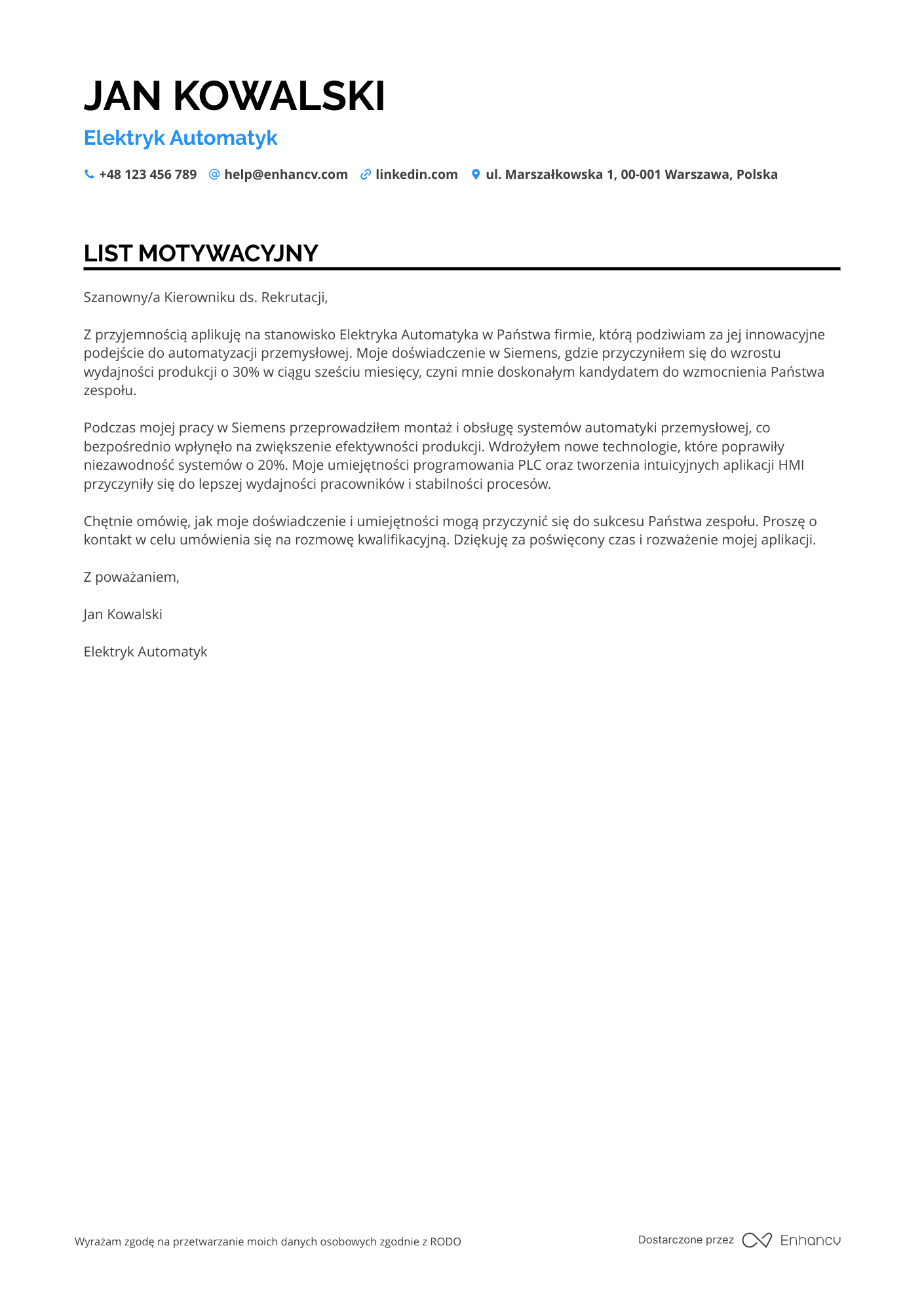 List motywacyjny dla Elektryk Automatyk Resume Example