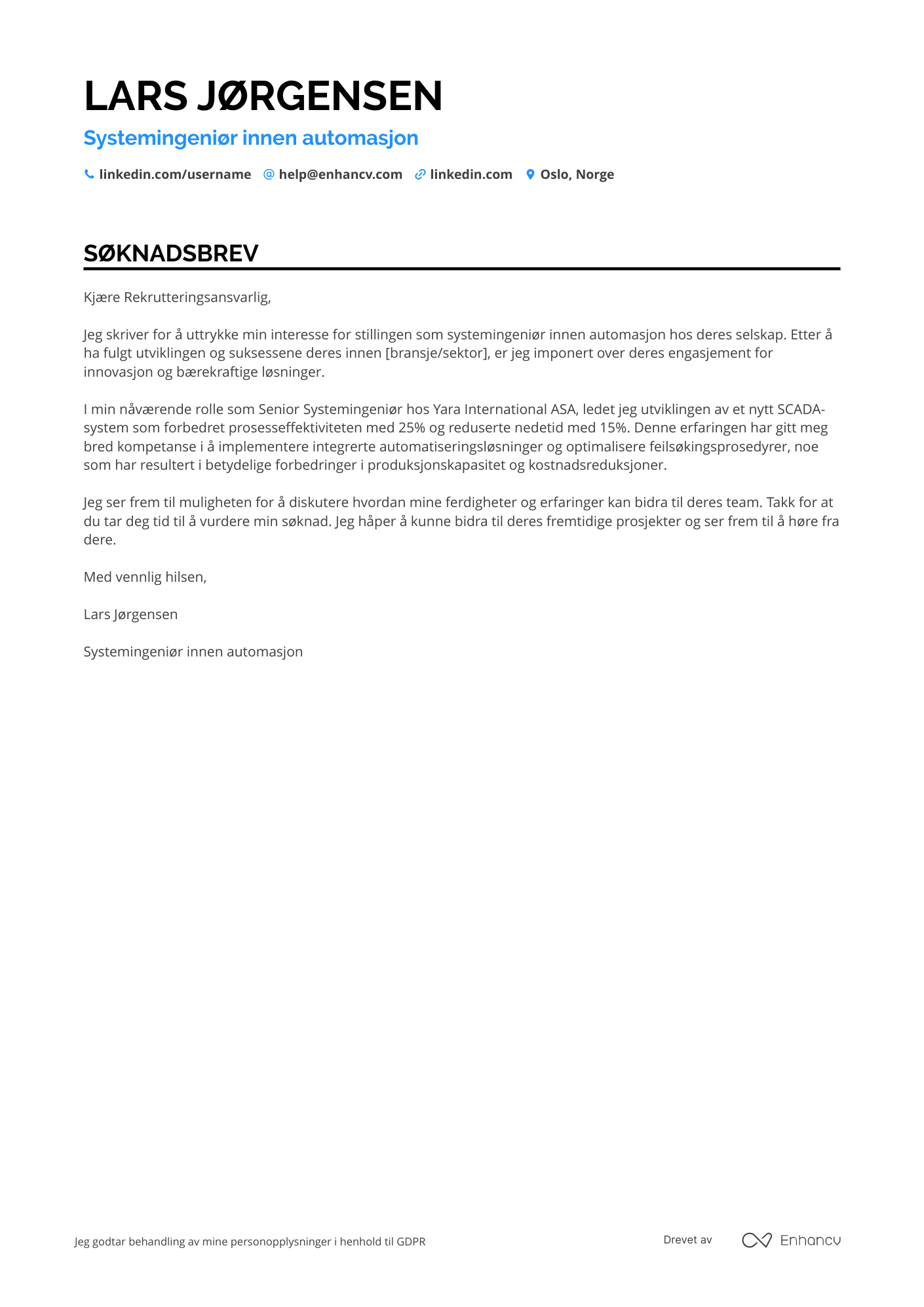Søknadsbrev for Systemingeniør for automasjon Resume Example