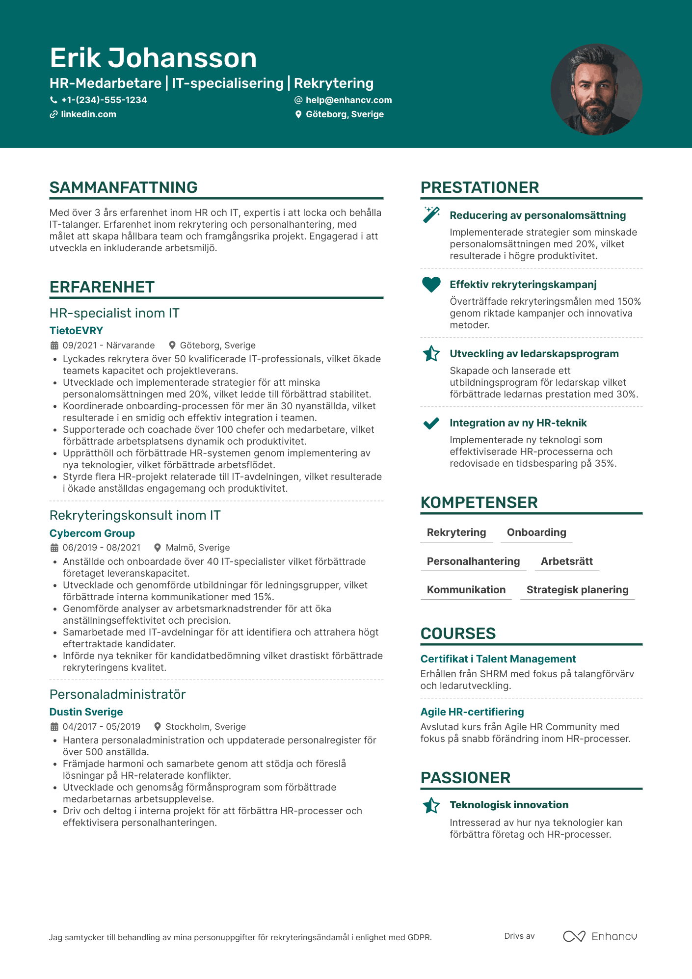 CV för HR Medarbetare inom IT Resume Example