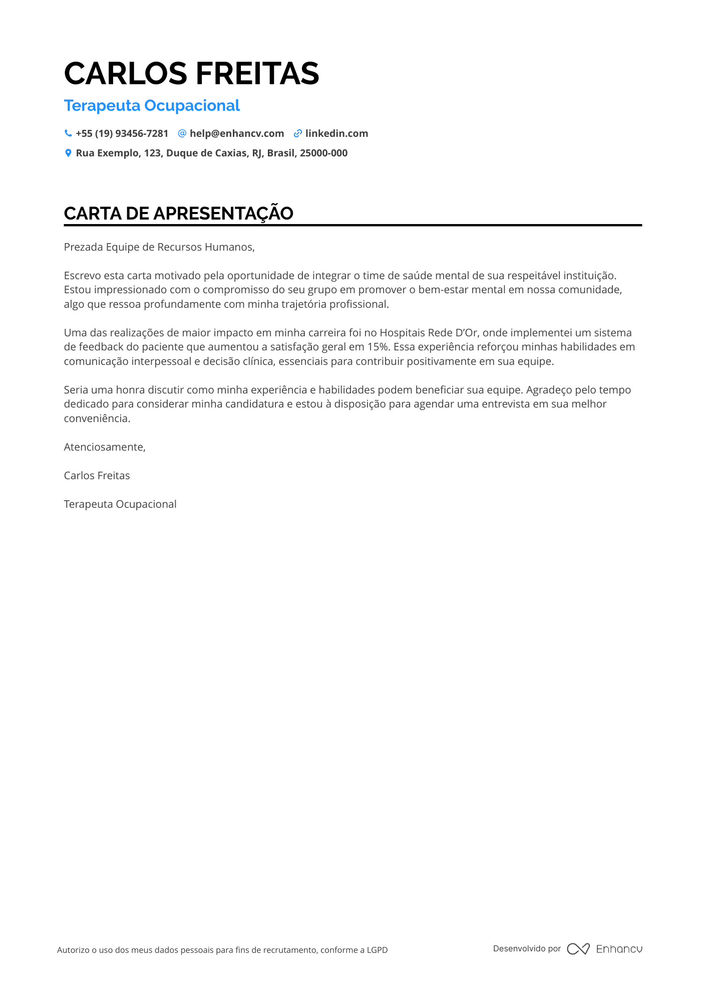 Terapeuta Ocupacional em Saúde Mental Resume Example