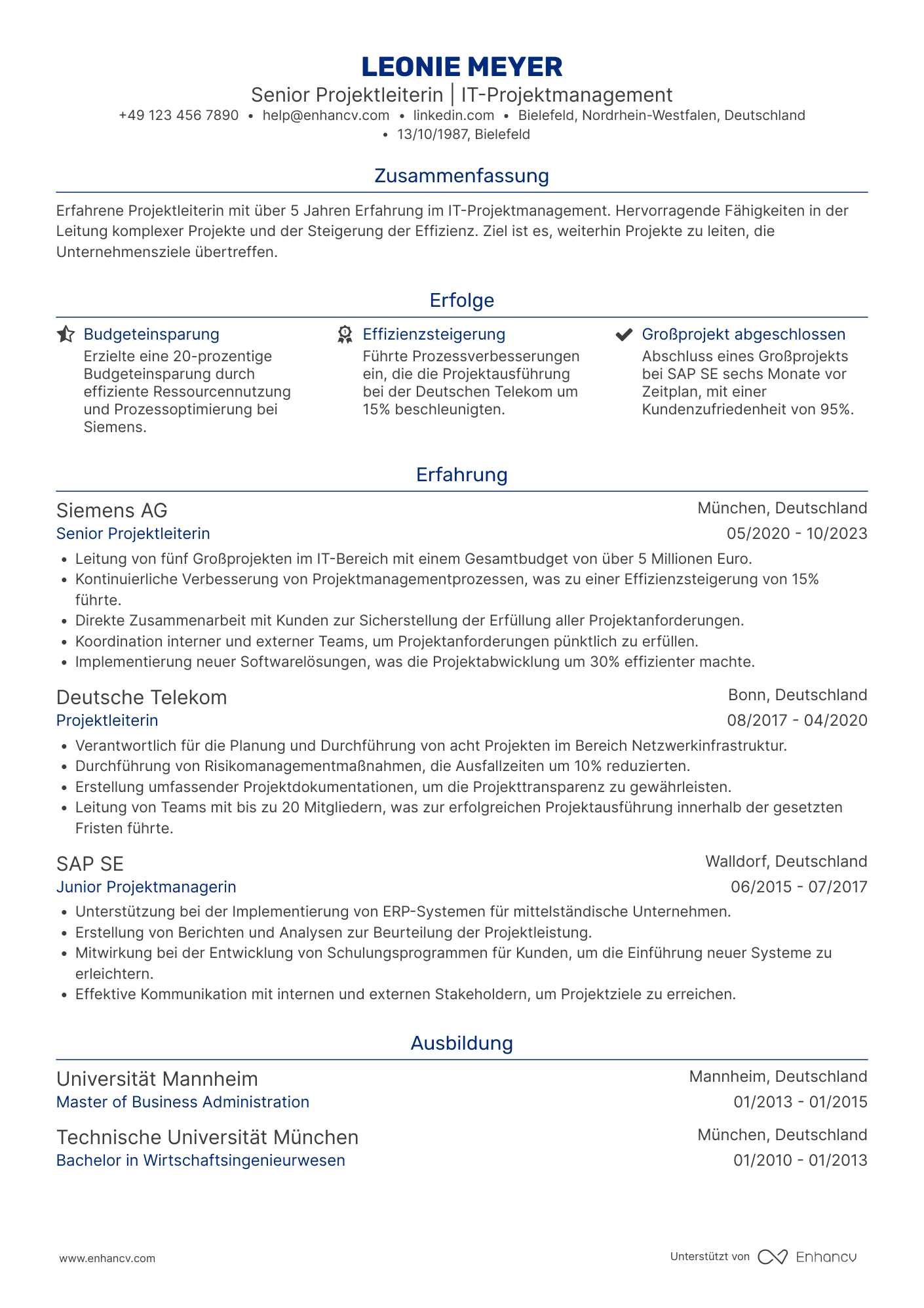 Lebenslauf als Senior Projektleiter Resume Example