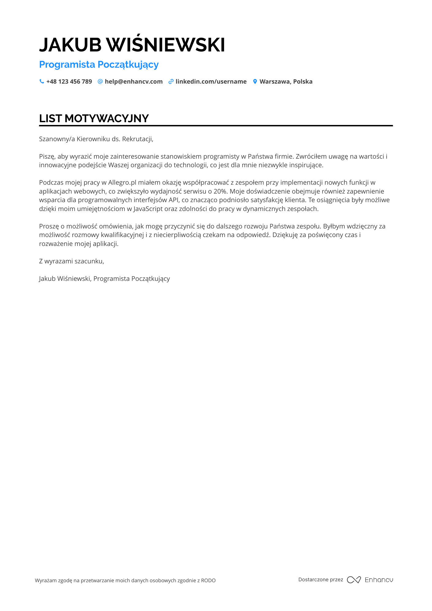 List motywacyjny dla Programista Początkujący Resume Example