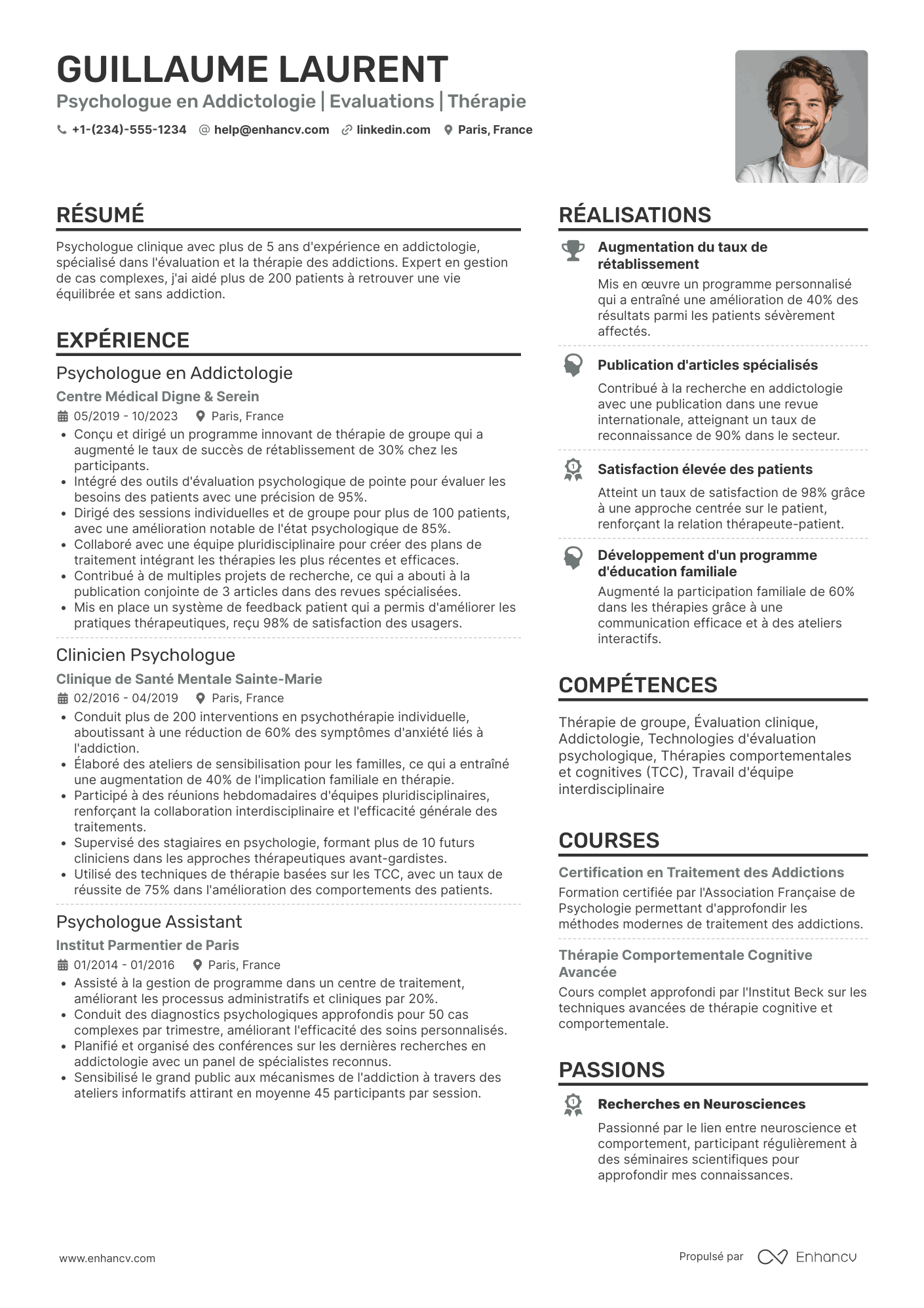 CV de psychologue en addictologie Resume Example