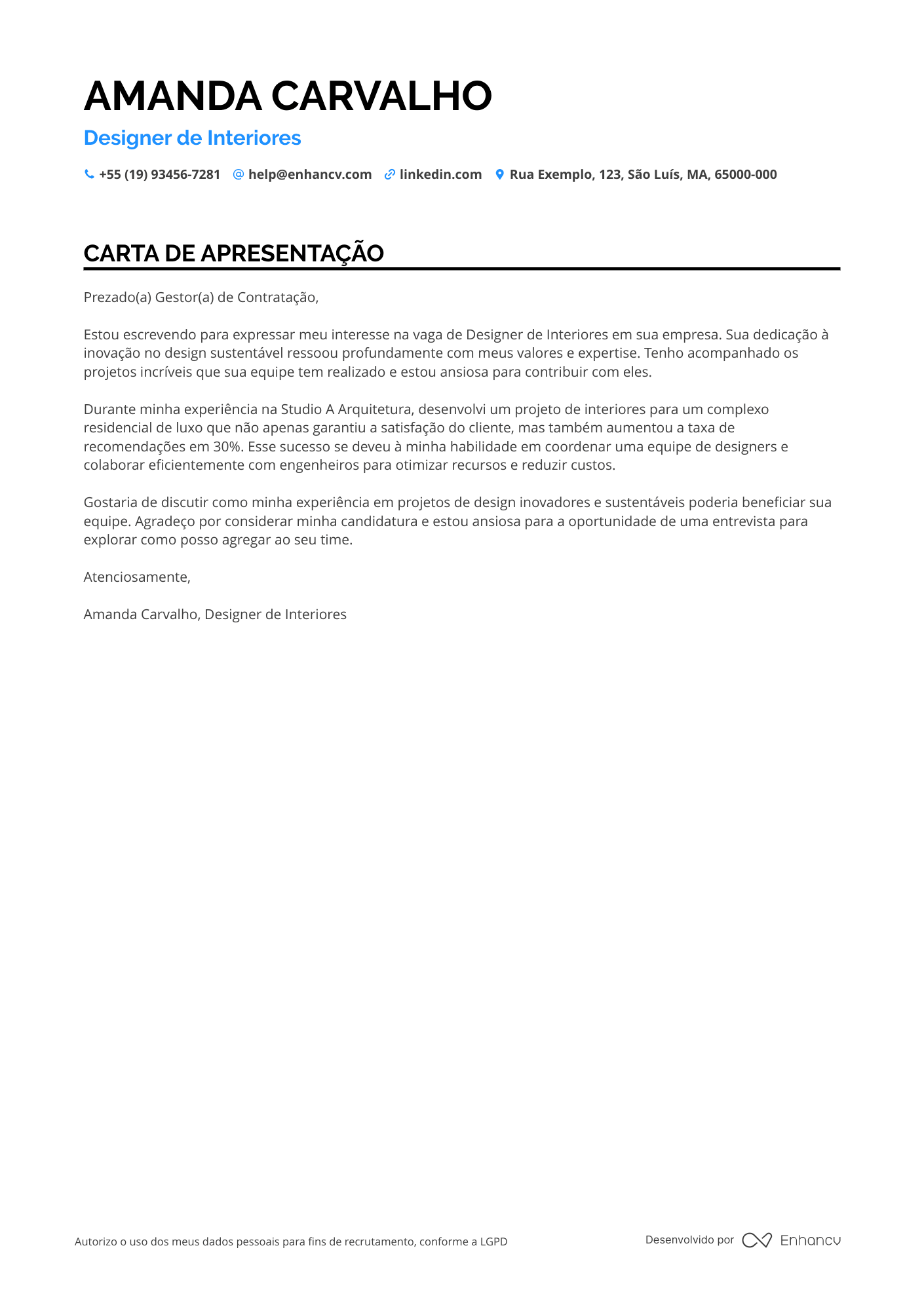 Designer de Interiores Resume Example