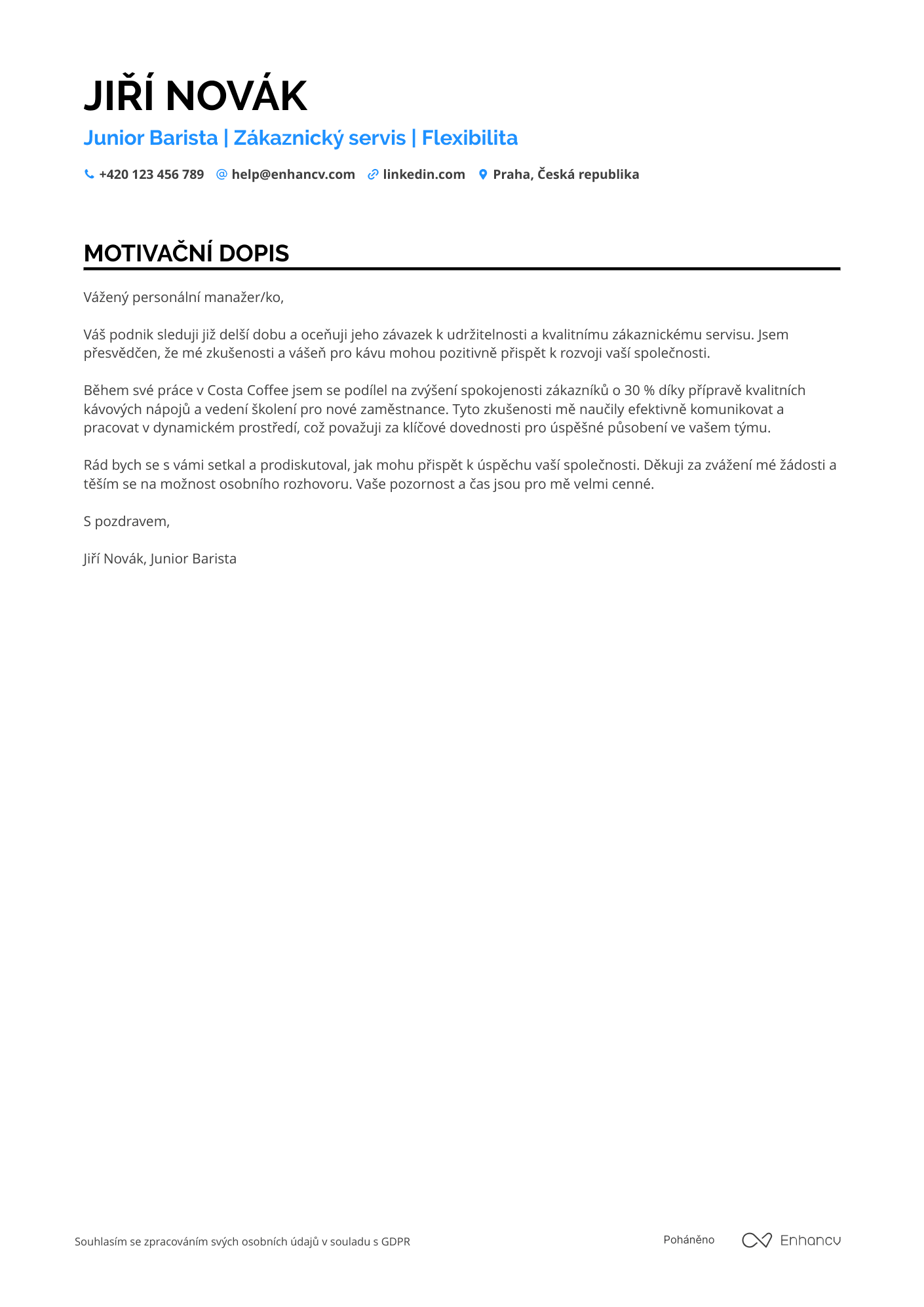 Motivační dopis pro Junior Barista Resume Example
