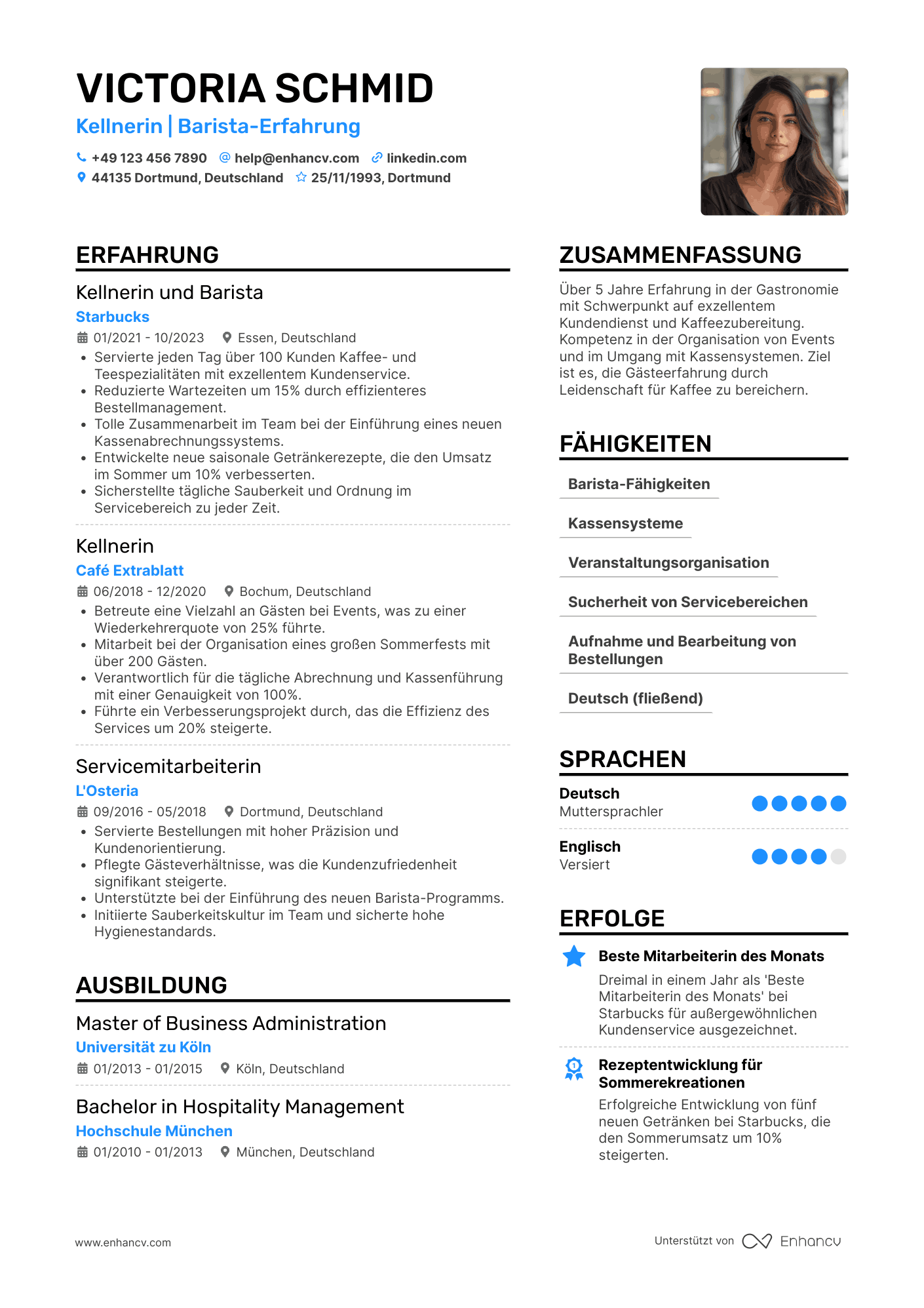 Lebenslauf als Kellner mit Barista Erfahrung Resume Example