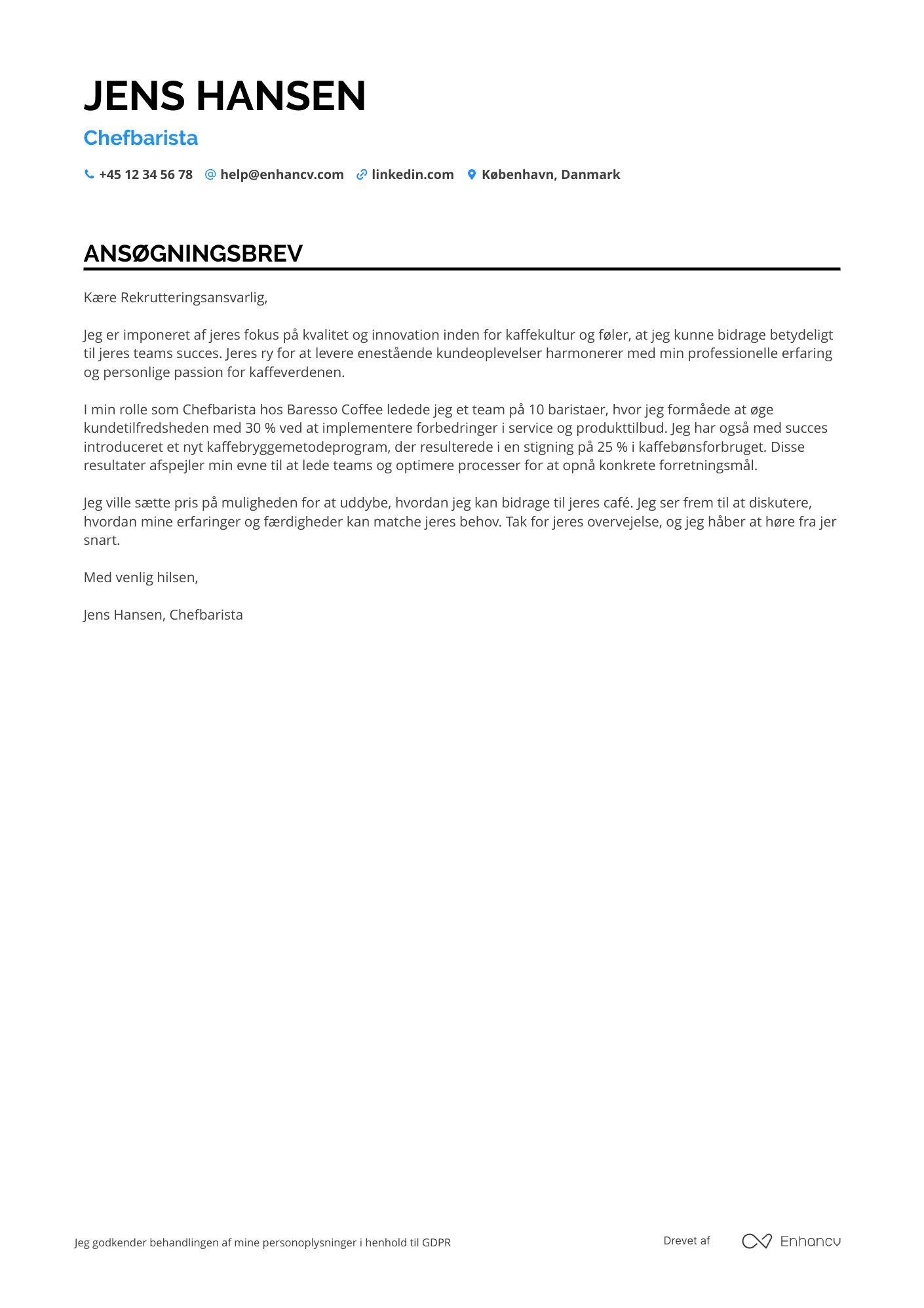 Ansøgningsbrev til Chefbarista Resume Example