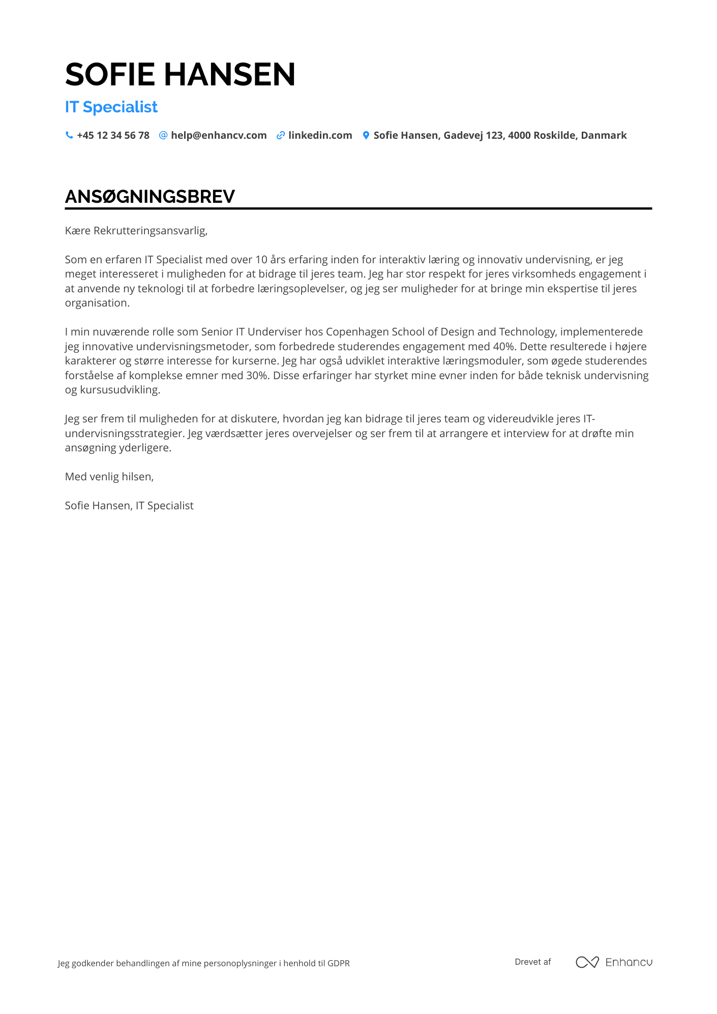 Ansøgningsbrev til IT lærer Resume Example