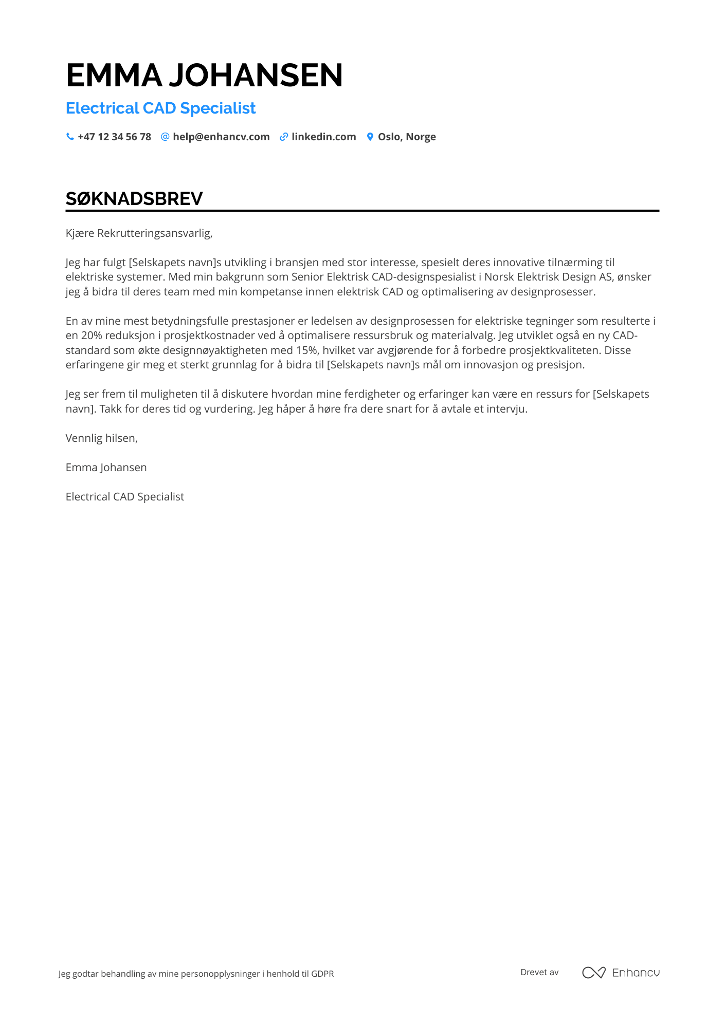 Søknadsbrev for Electrical CAD designspesialist Resume Example