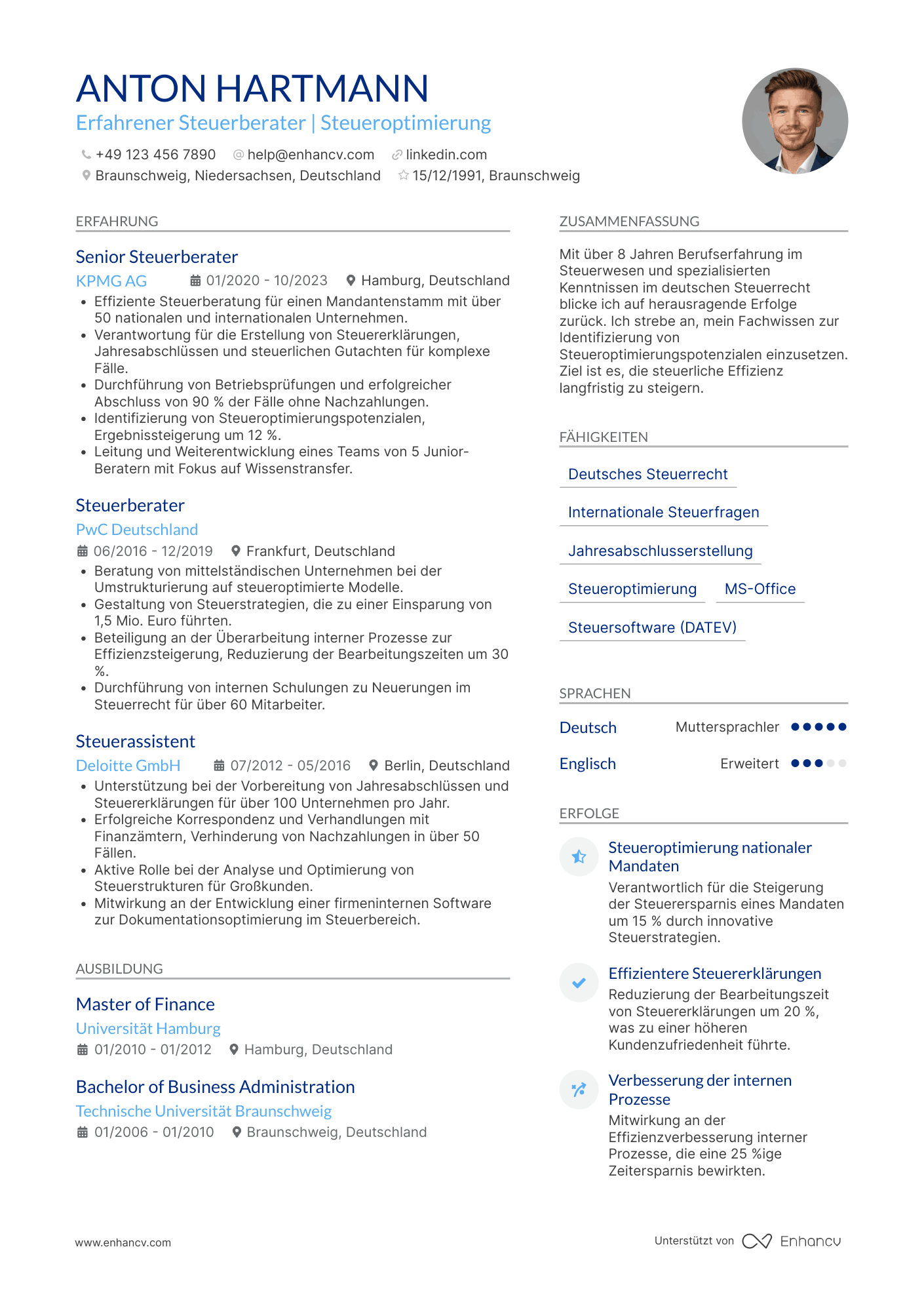 Lebenslauf als Erfahrener Steuerberater Resume Example