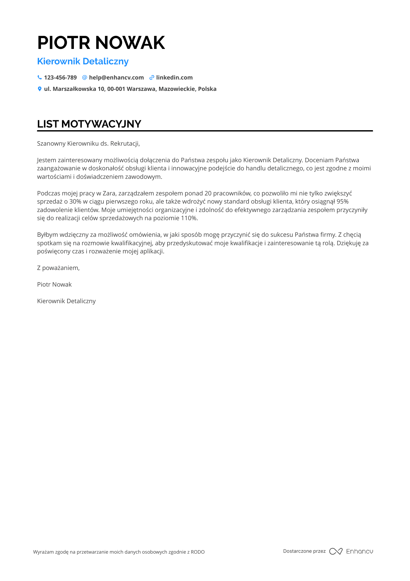 List motywacyjny dla Kierownik Detaliczny Resume Example