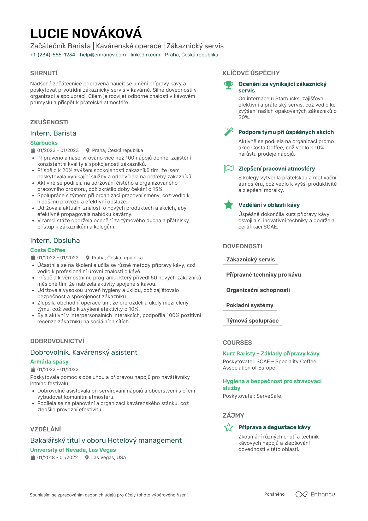 Životopis pro Začátečník Barista Resume Example