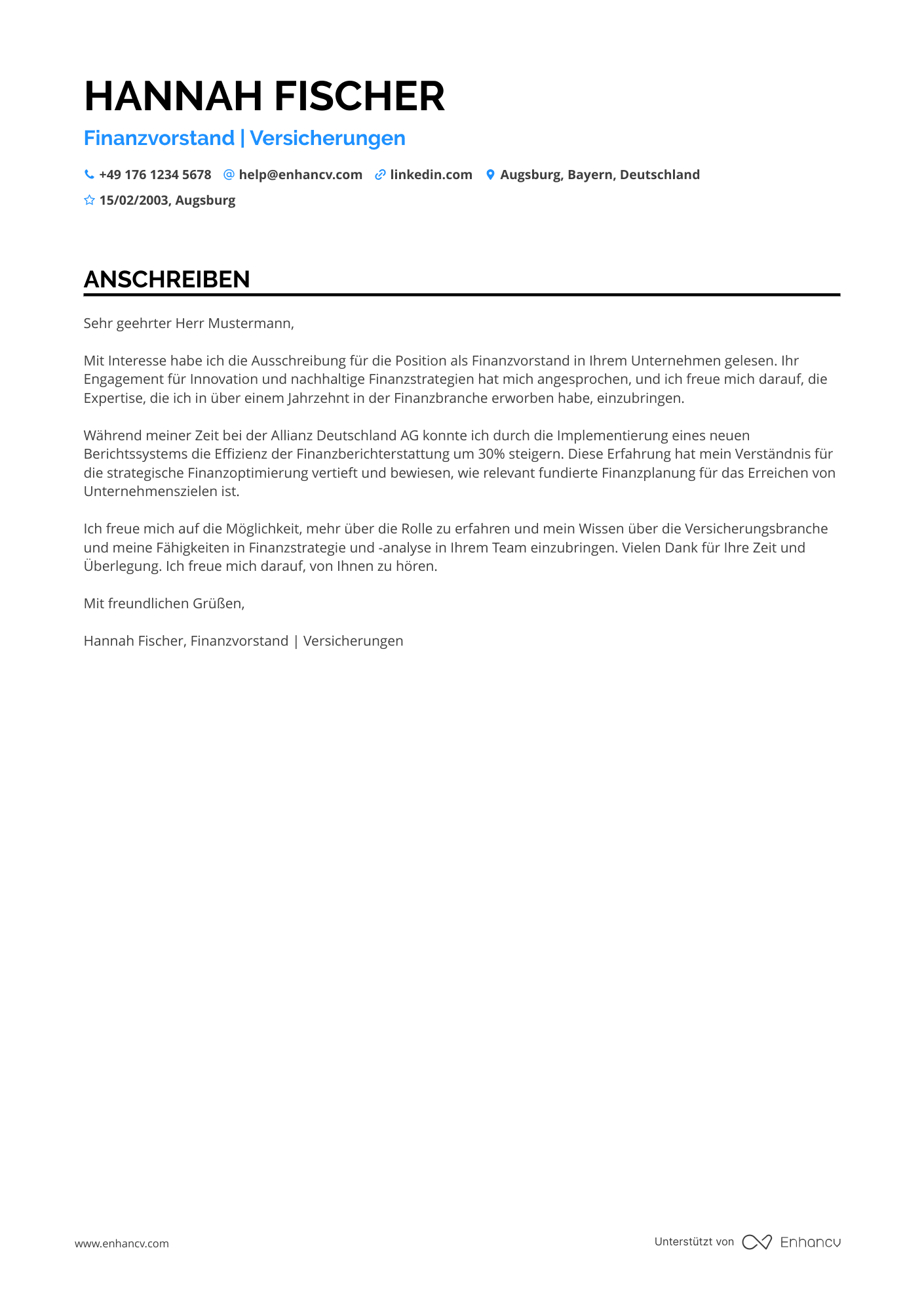 Finanzvorstand in der Versicherungsbranche Resume Example