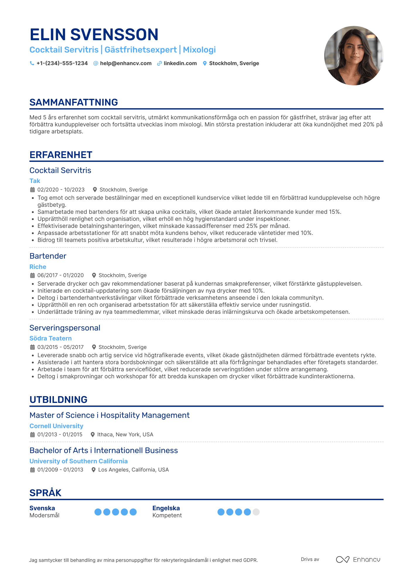 CV för Cocktail Servitris Resume Example