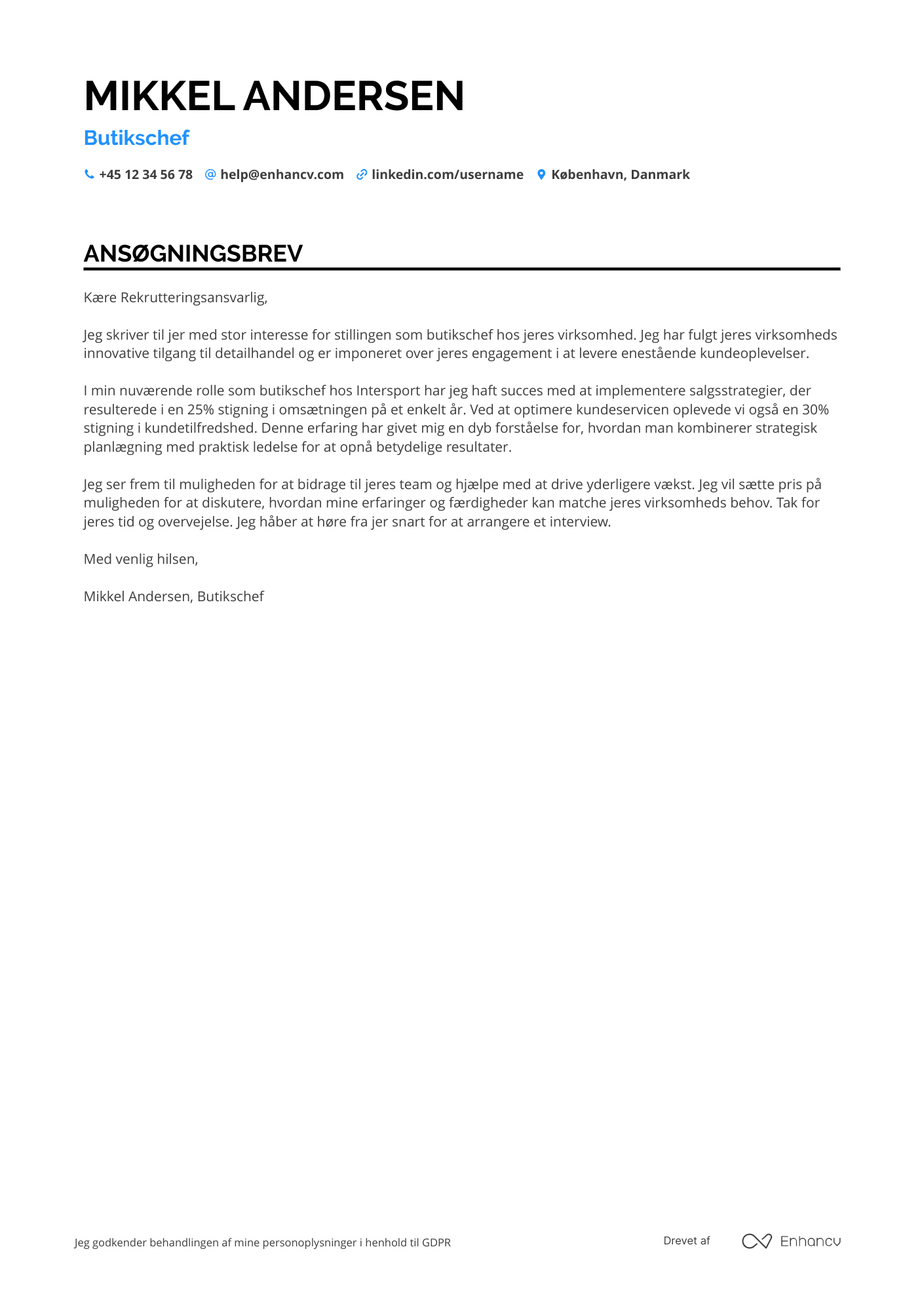 Ansøgningsbrev til Butikschef – sportsudstyr Resume Example