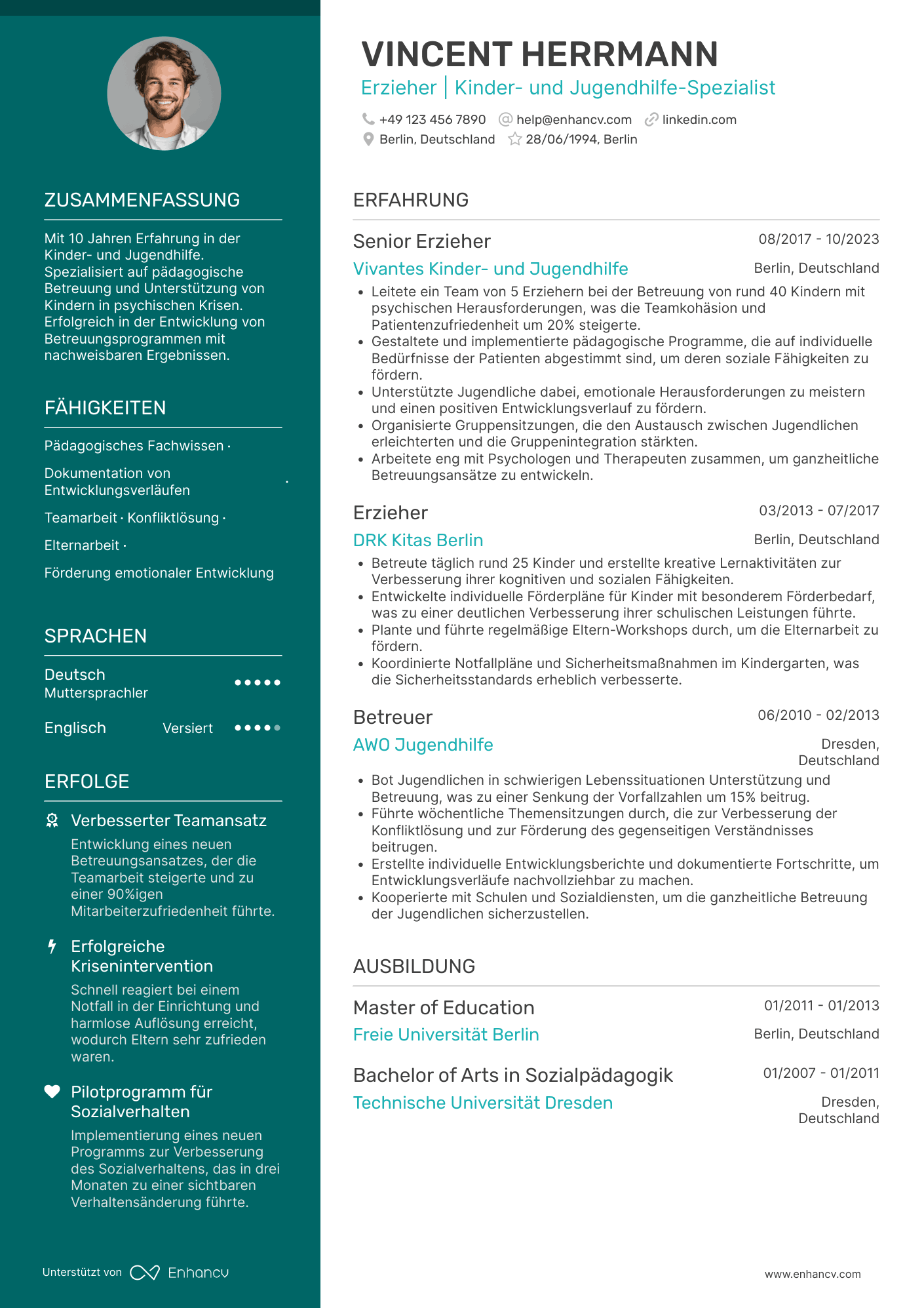 Lebenslauf in Erzieherin in der Kinder  und Jugendpsychiatrie Resume Example