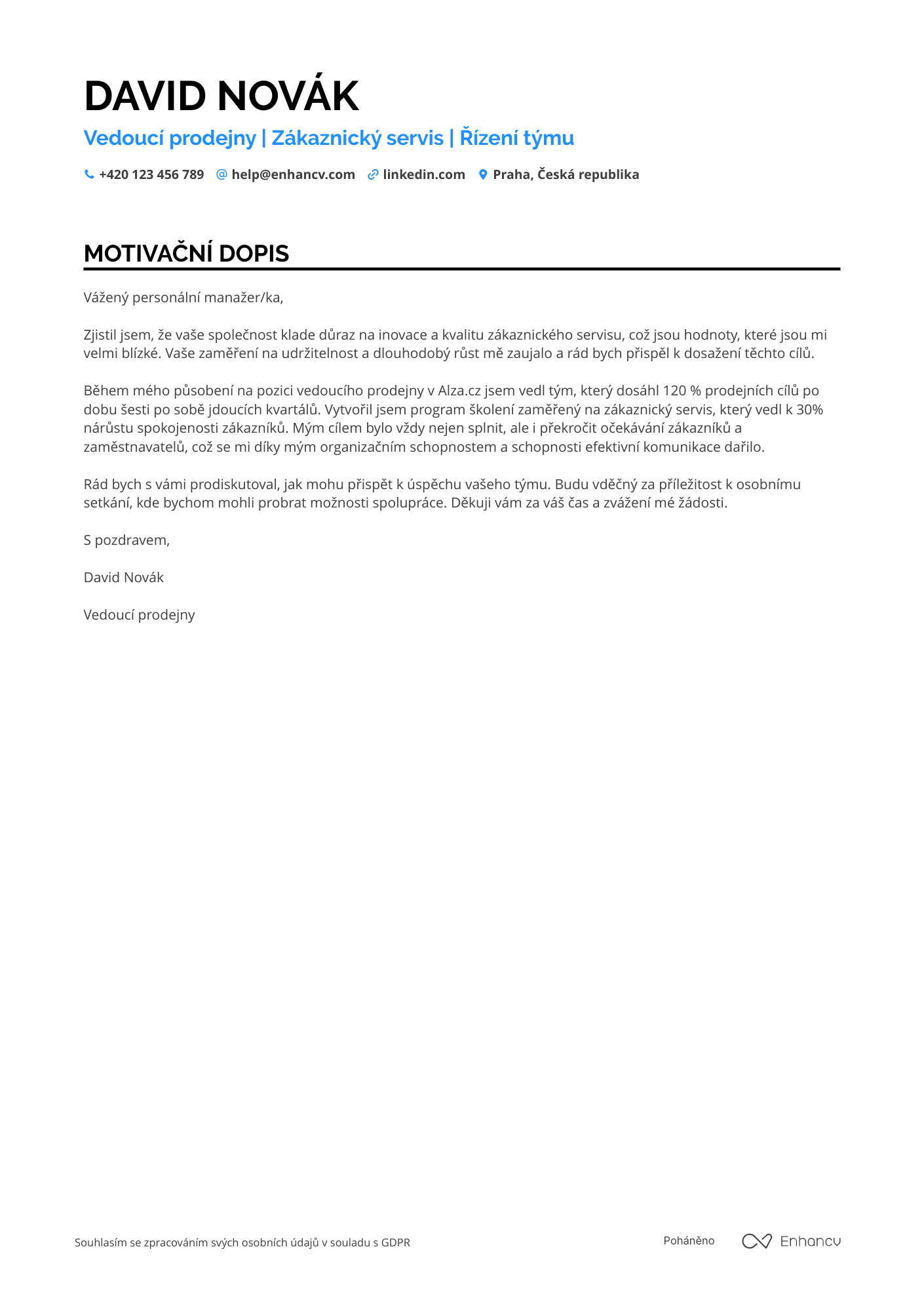 Motivační dopis pro Vedoucí prodejny elektroniky Resume Example