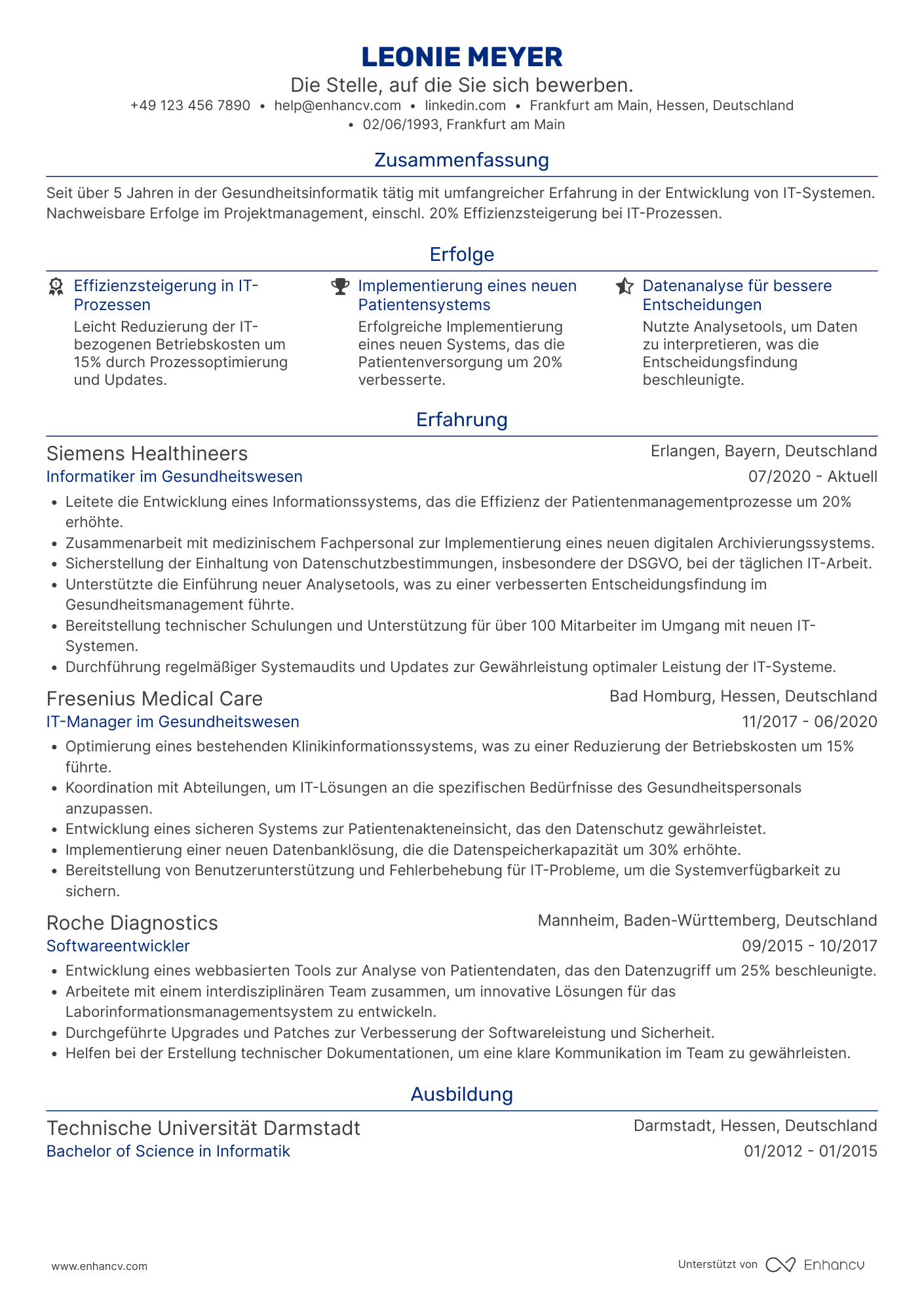 Lebenslauf in Informatiker im Gesundheitswesen Resume Example