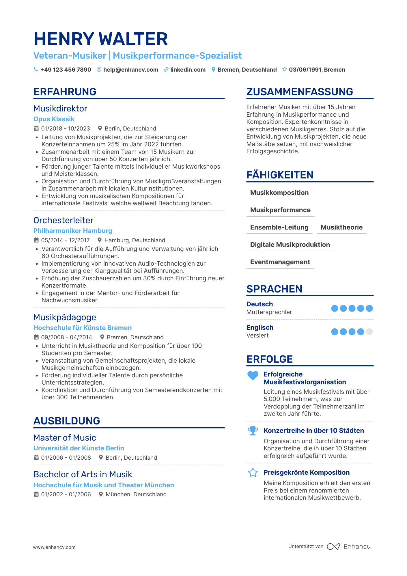 Lebenslauf als Veteran Musiker Resume Example