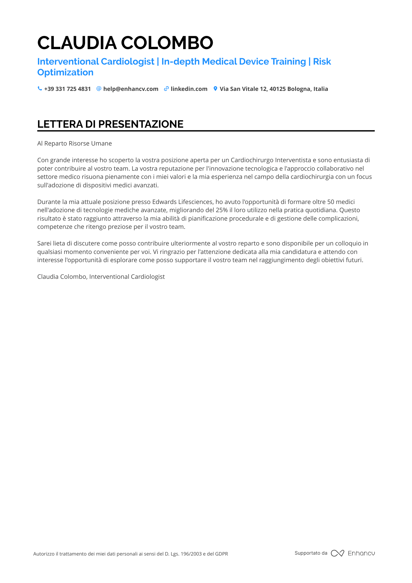 Medico Specialista in Cardiologia Resume Example
