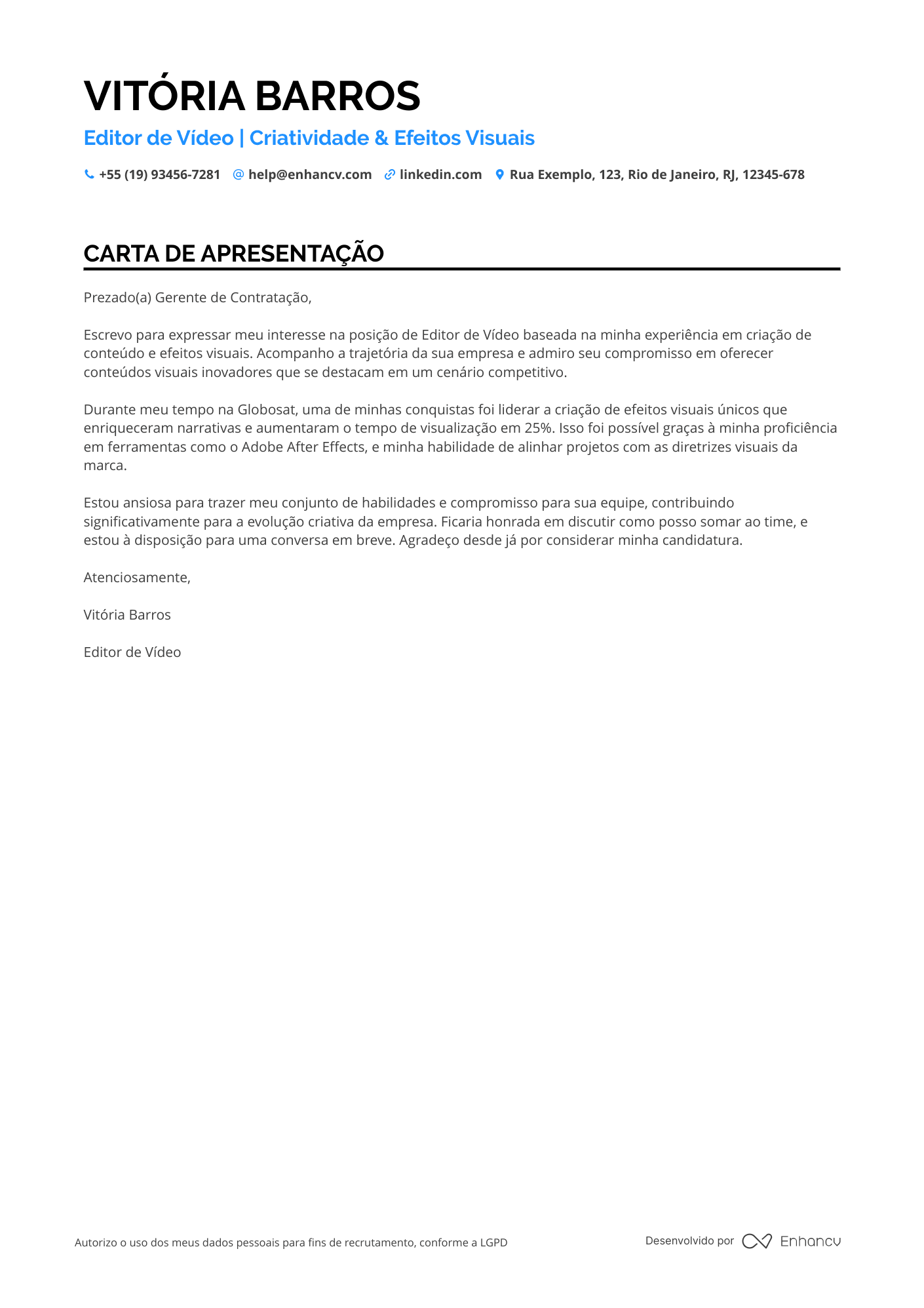 Editor de vídeo Júnior Resume Example