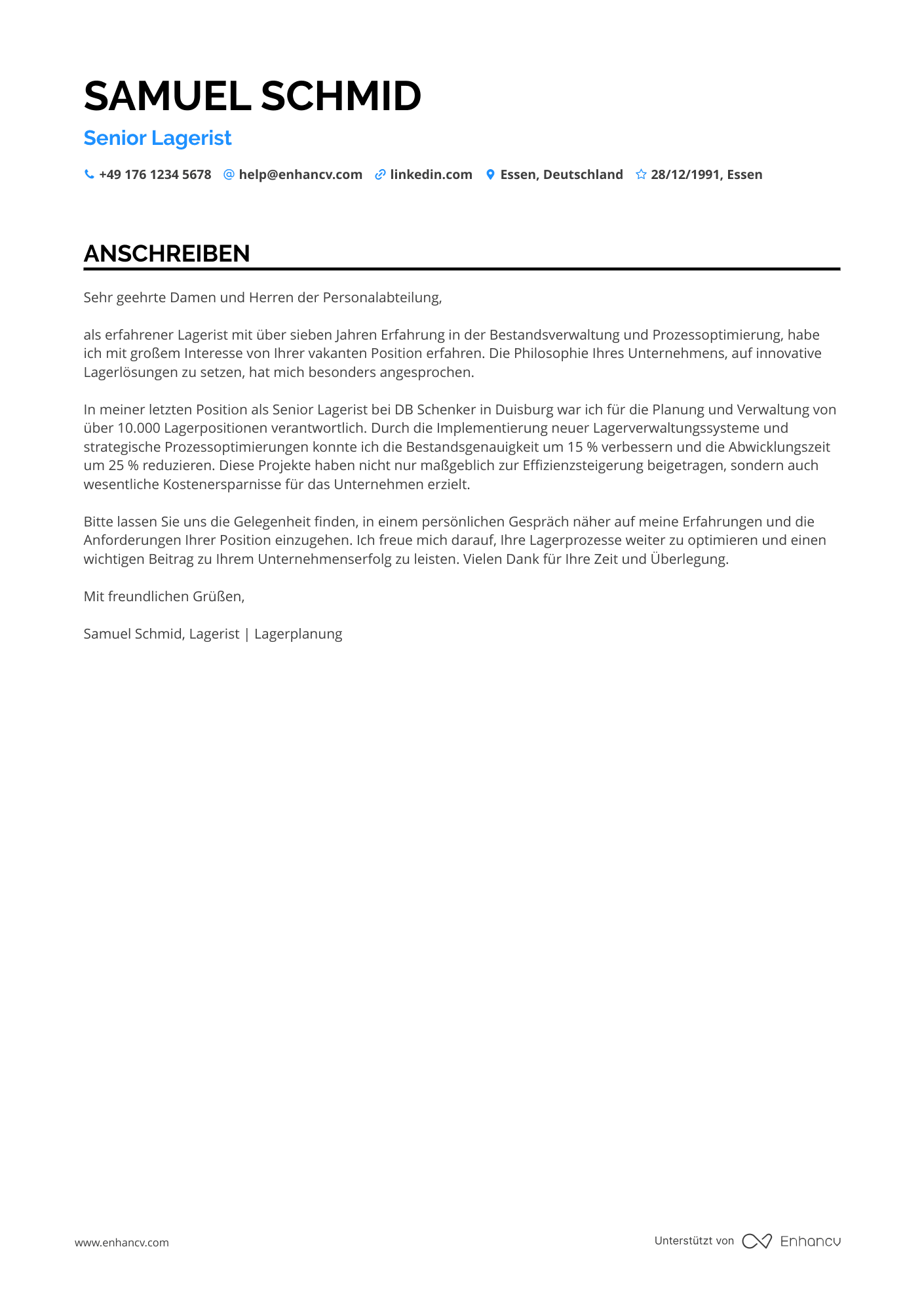 Lagerist für Lagerplanung Resume Example
