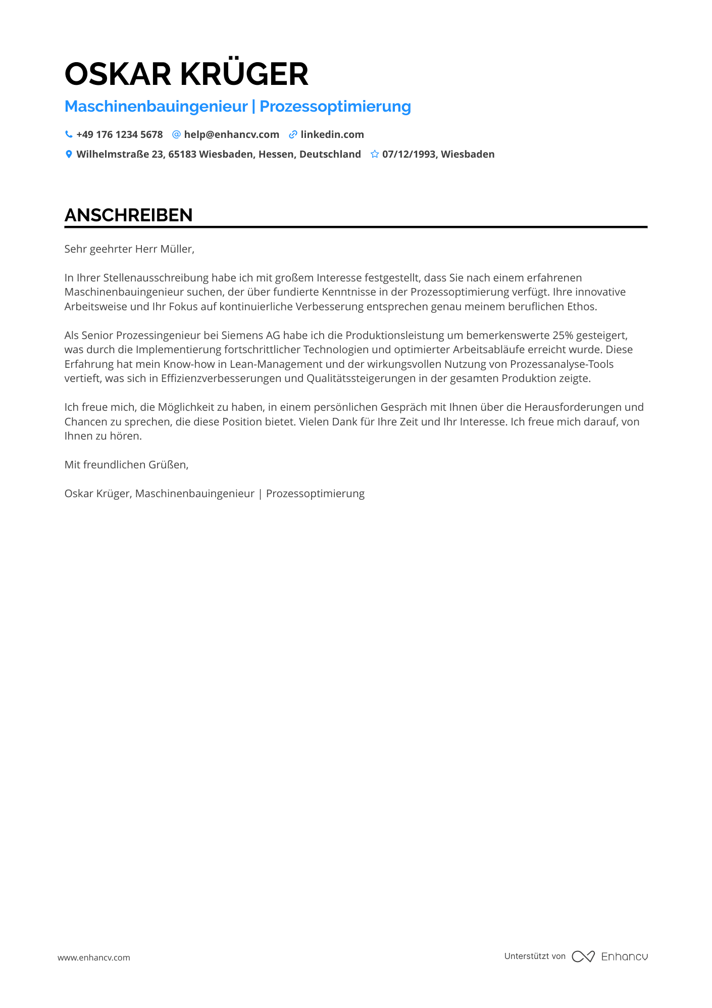 Maschinenbauingenieur für Prozessoptimierung Resume Example