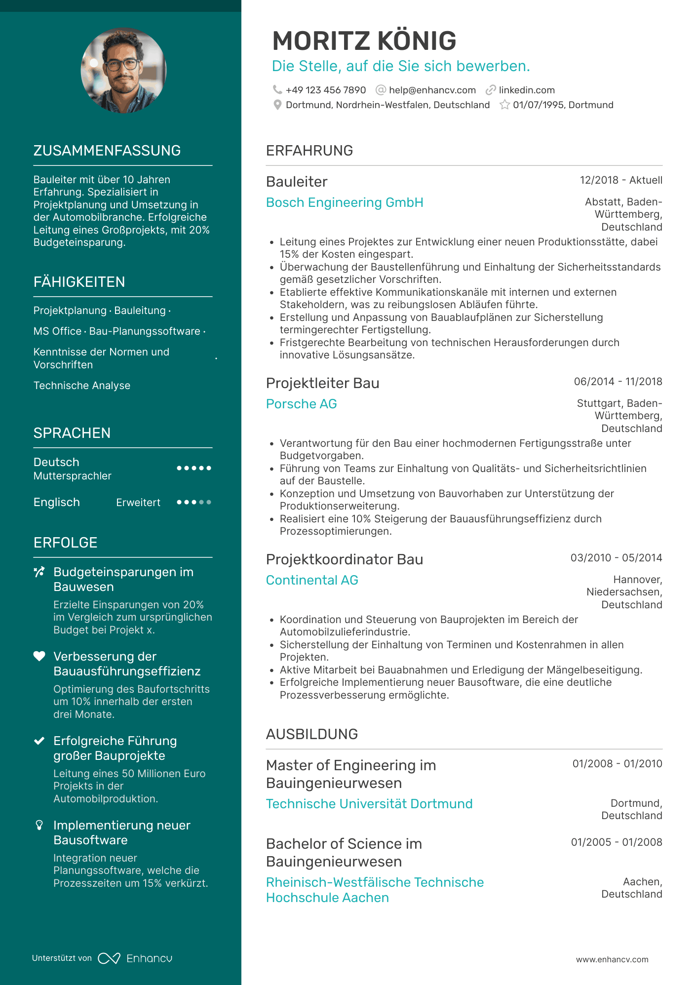 Lebenslauf in Bauleiter in der Automobilindustrie Resume Example