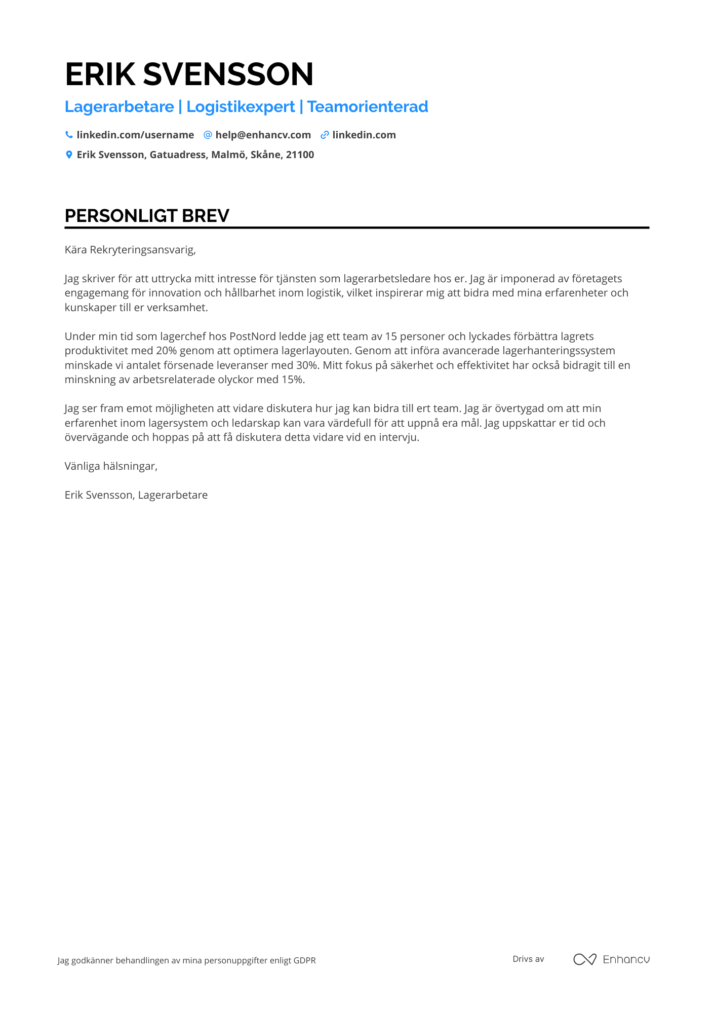 Personligt brev för IKEA Medarbetare Lagerarbetare Resume Example