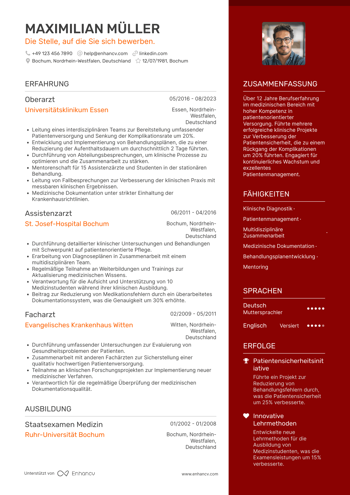 Lebenslauf als Facharzt Resume Example
