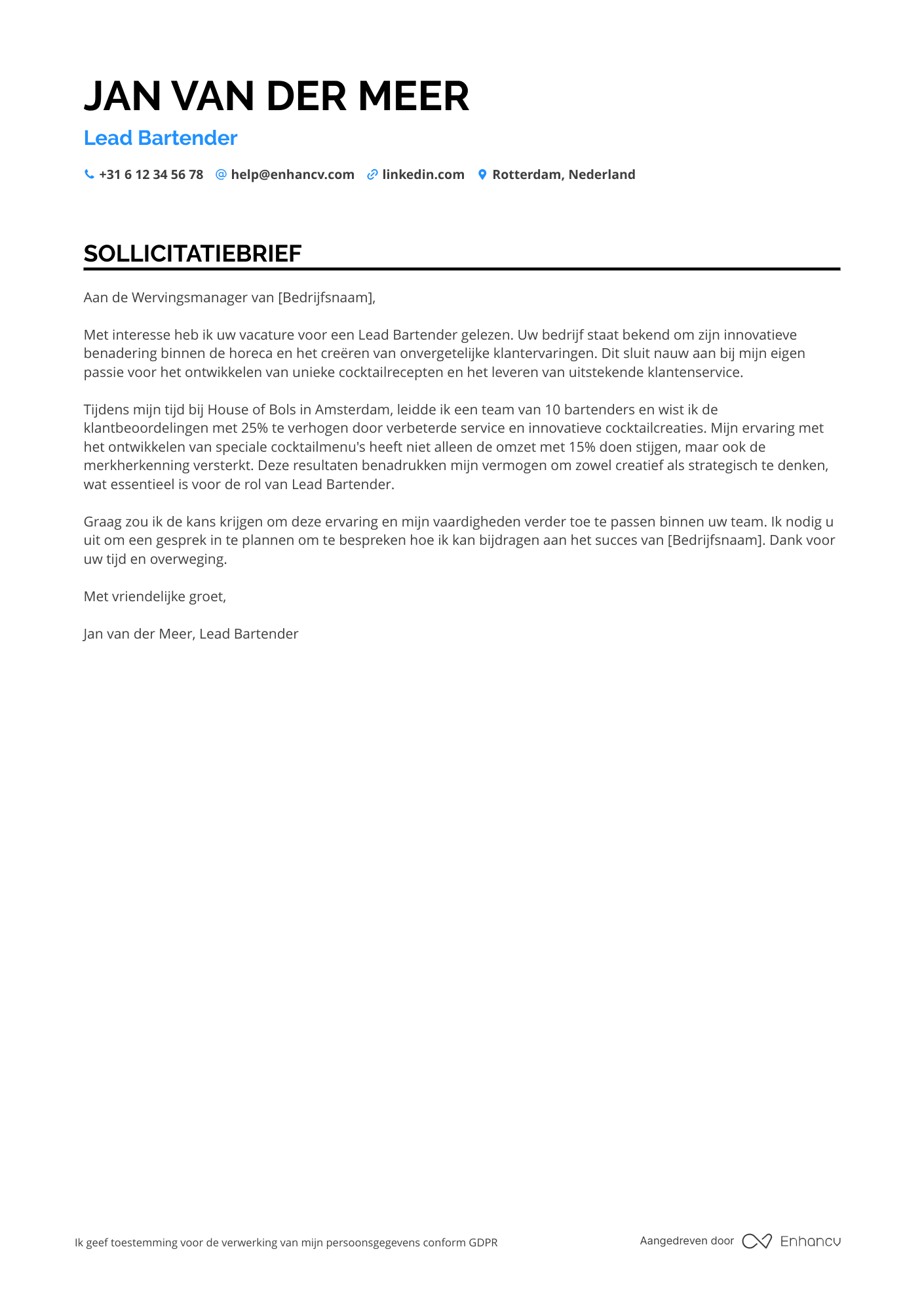 Sollicitatiebrief voor Lead Bartender Resume Example