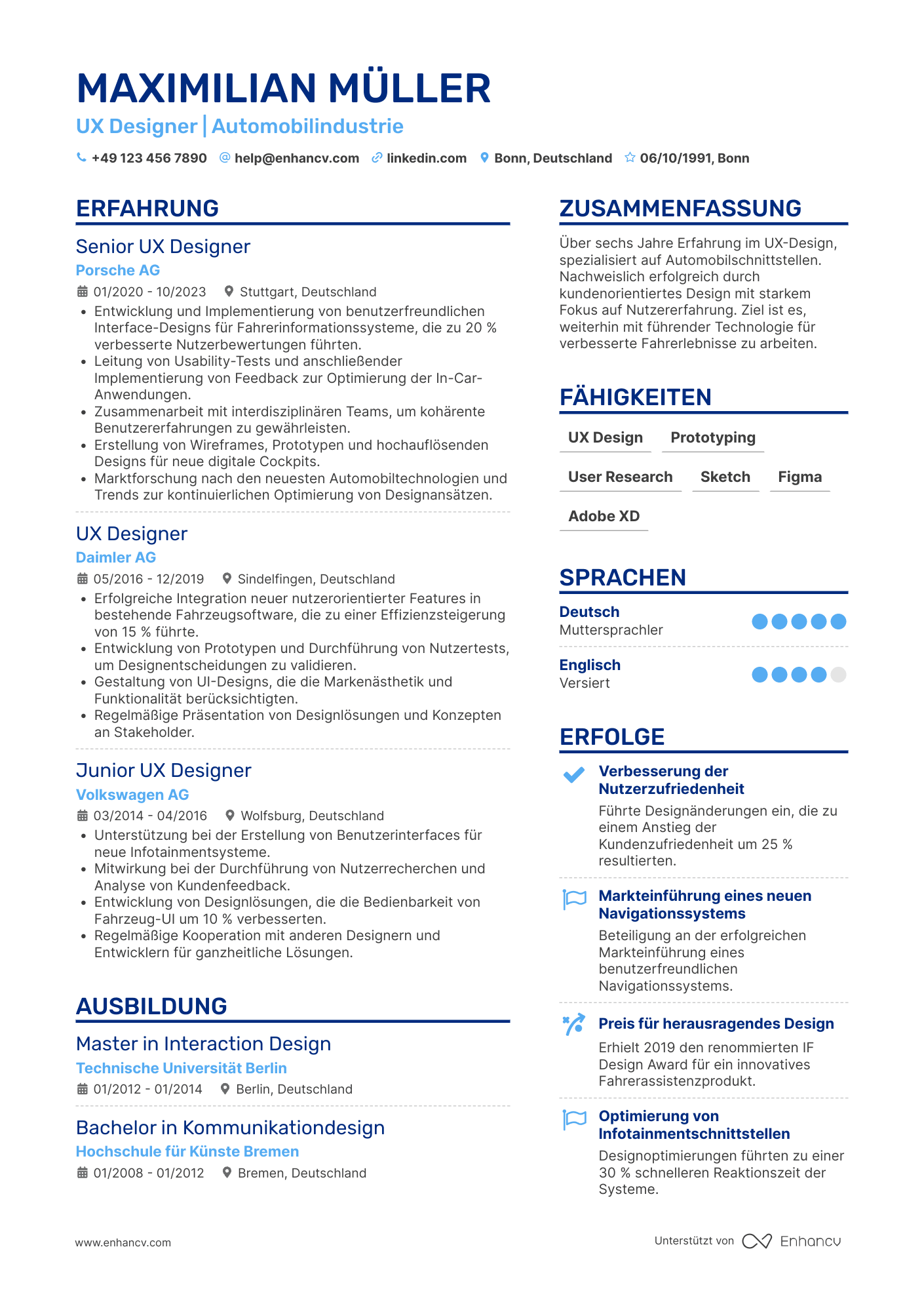 Lebenslauf in UX Designer für Automobilindustrie Resume Example