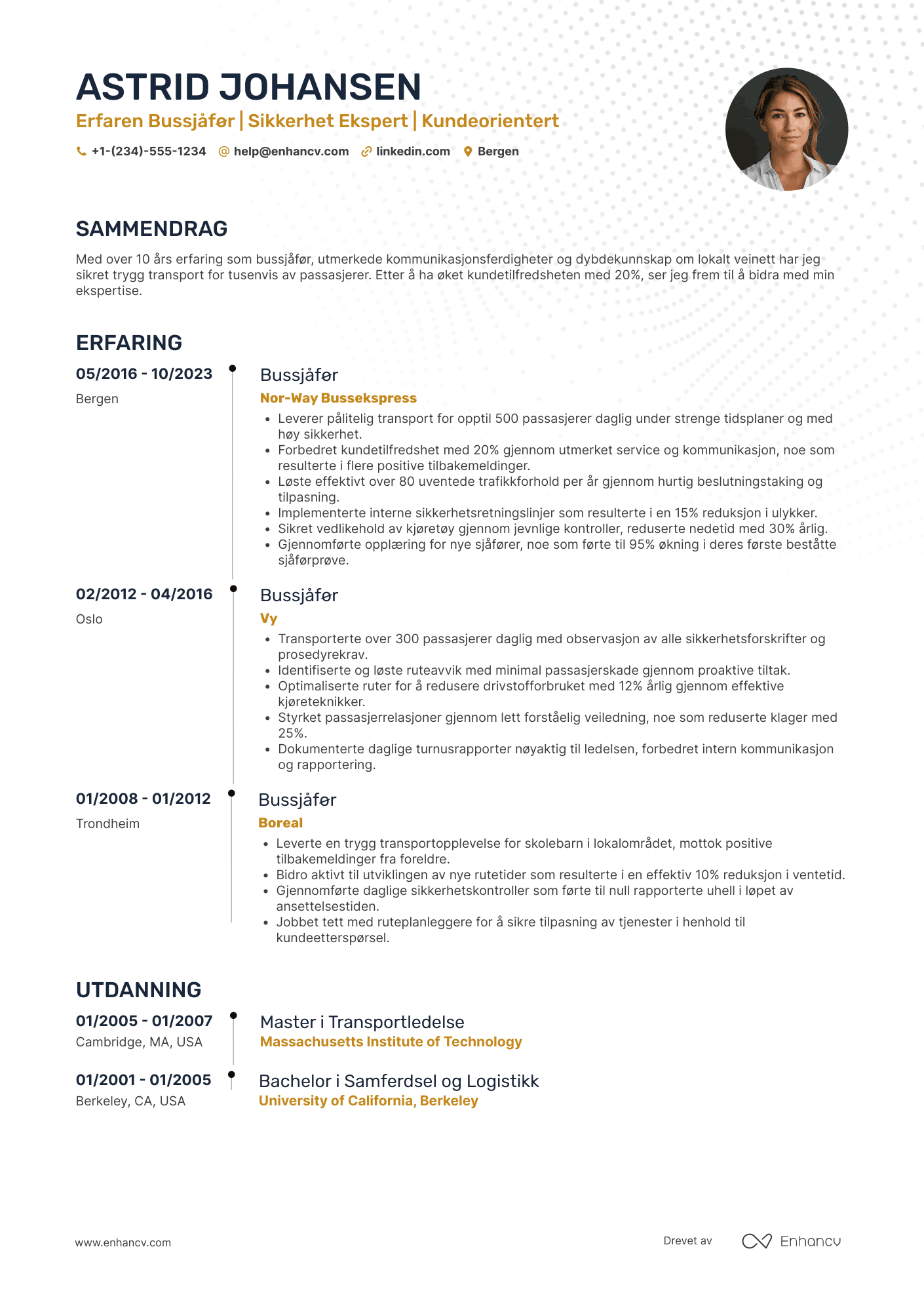 CV for Erfaren bussjåfør Resume Example