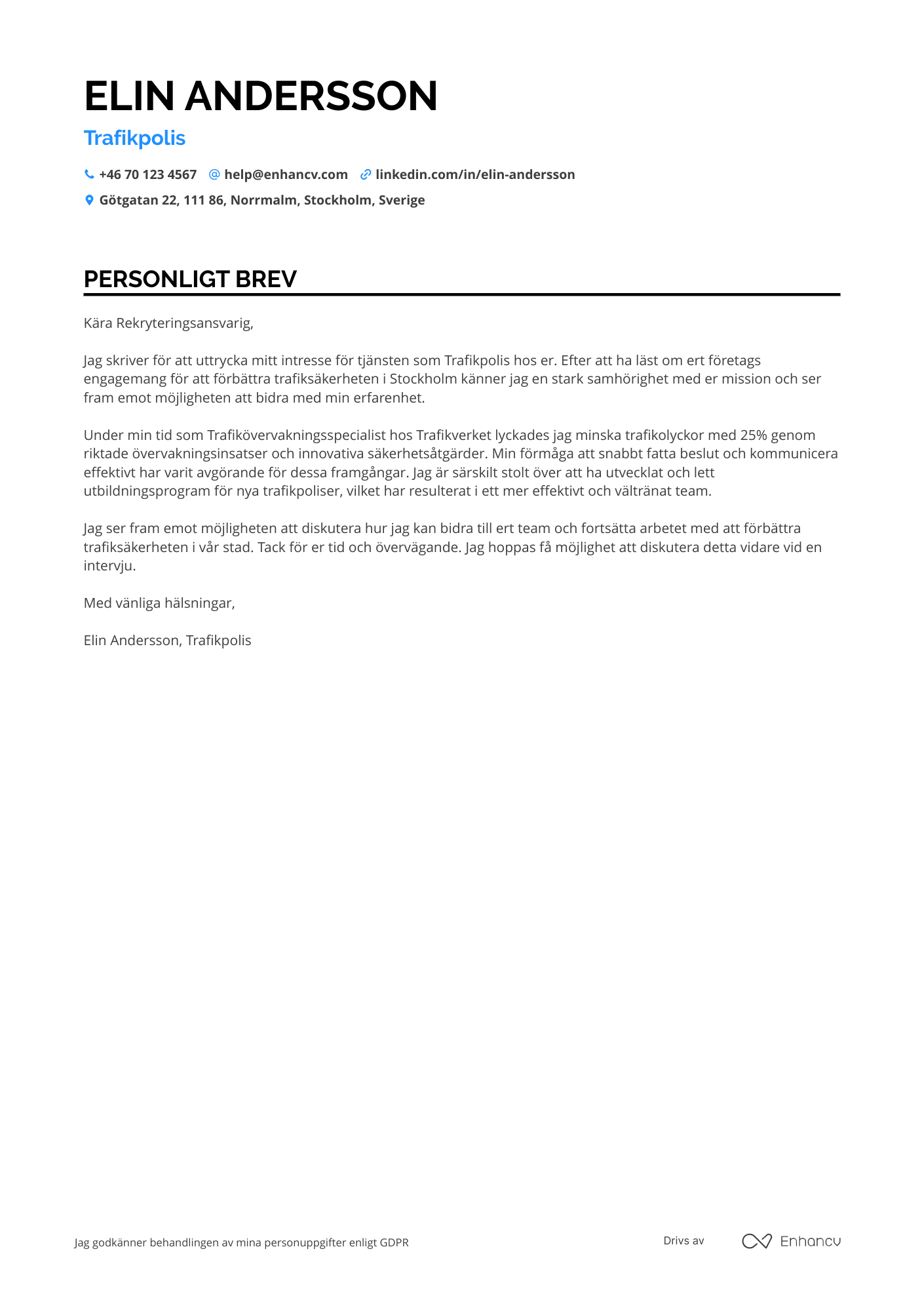 Personligt brev för Trafikpolis Resume Example